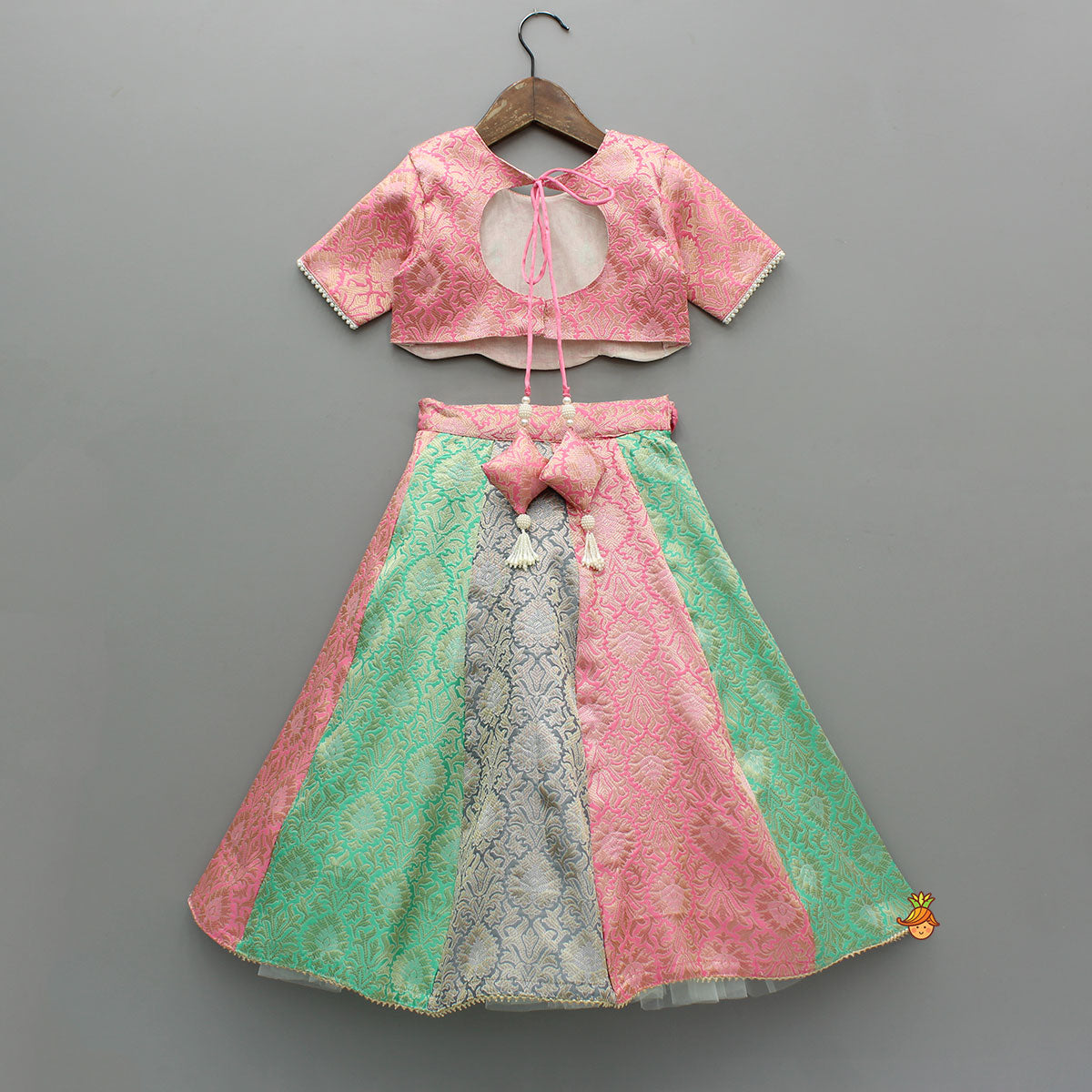 Brocade Pink Top With Multicoloured Brocade Panel Lehenga And Dupatta