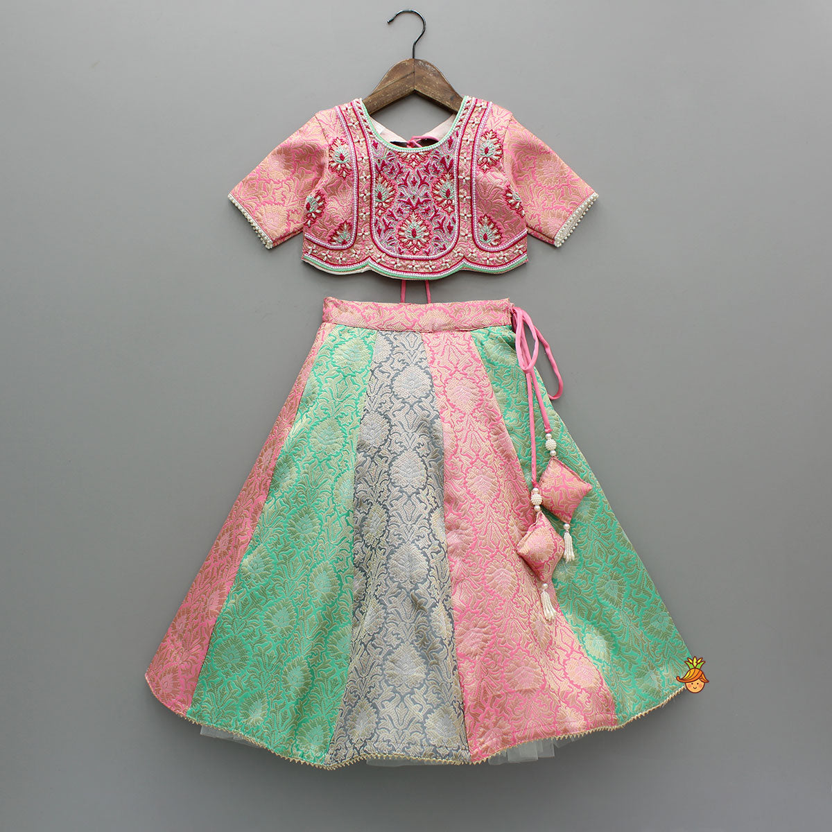 Brocade Pink Top With Multicoloured Brocade Panel Lehenga And Dupatta