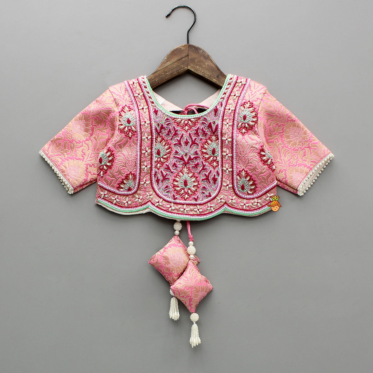 Brocade Pink Top With Multicoloured Brocade Panel Lehenga And Dupatta