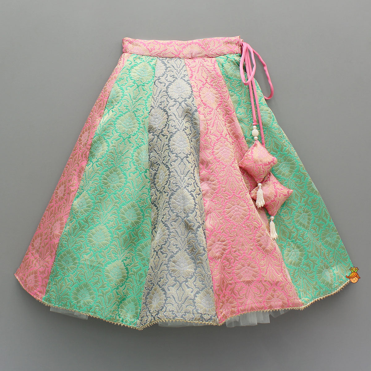 Brocade Pink Top With Multicoloured Brocade Panel Lehenga And Dupatta