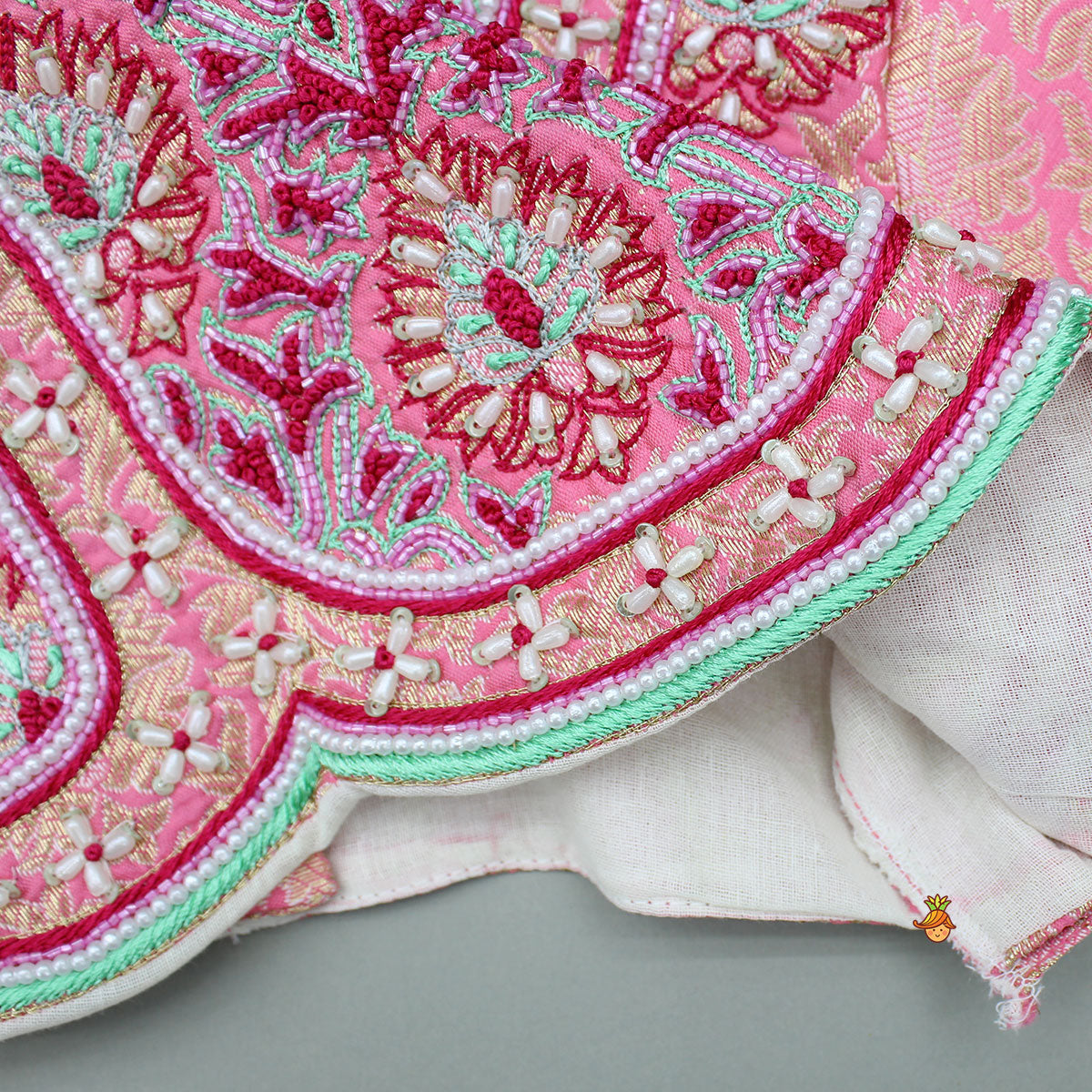 Brocade Pink Top With Multicoloured Brocade Panel Lehenga And Dupatta
