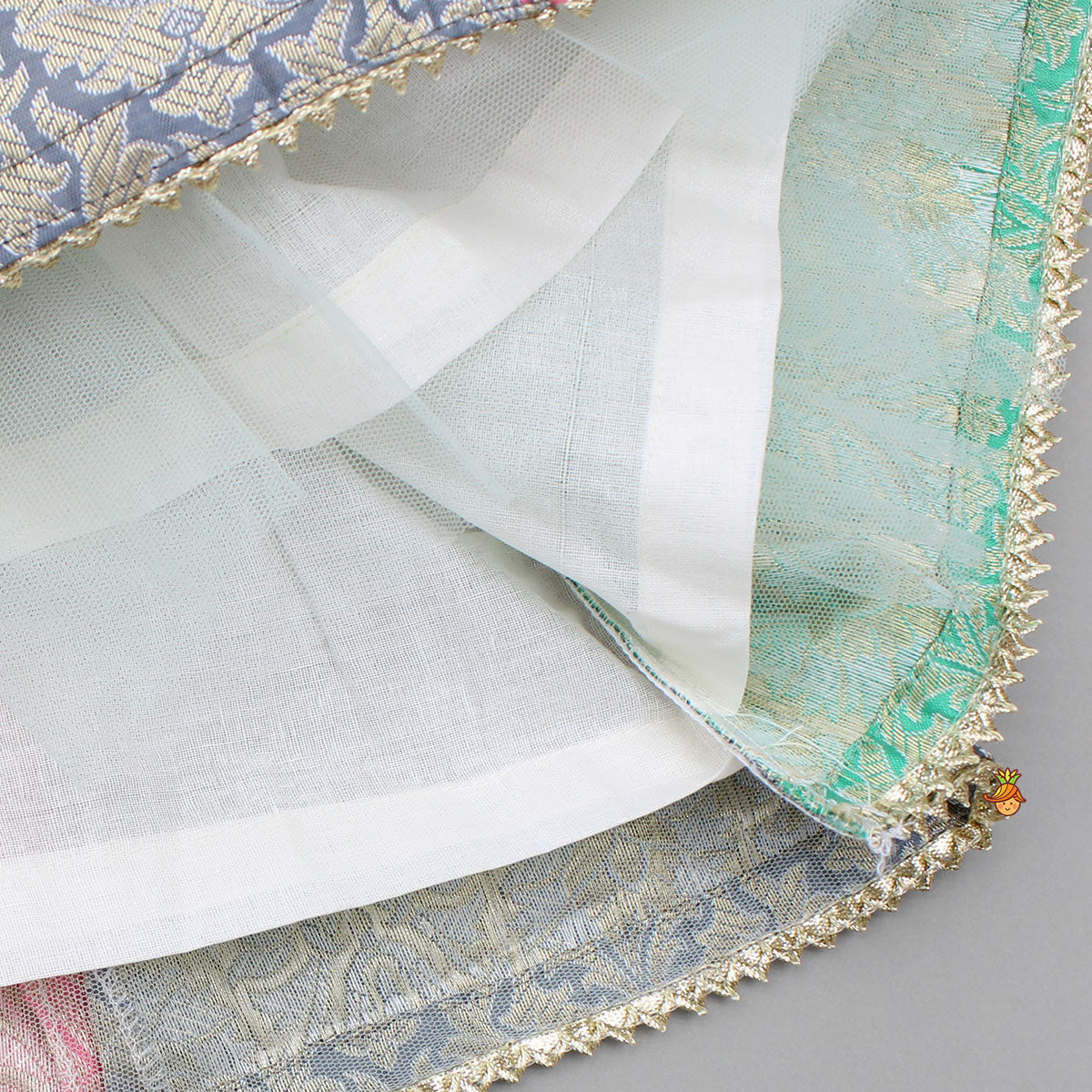 Brocade Pink Top With Multicoloured Brocade Panel Lehenga And Dupatta