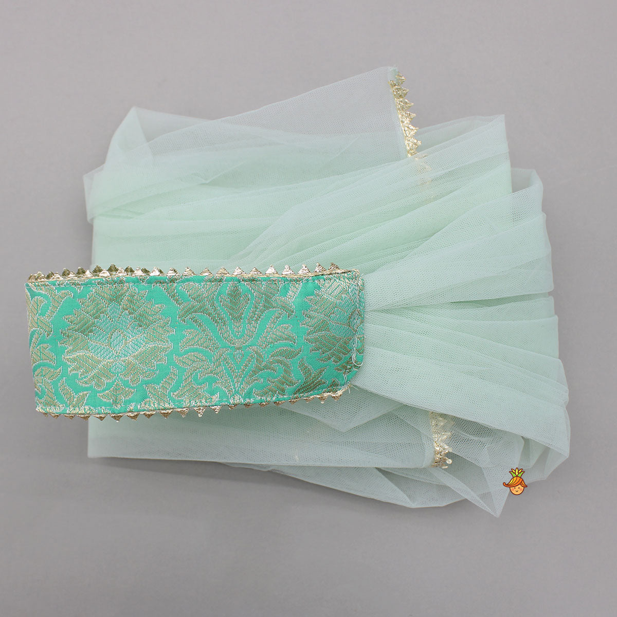 Brocade Pink Top With Multicoloured Brocade Panel Lehenga And Dupatta