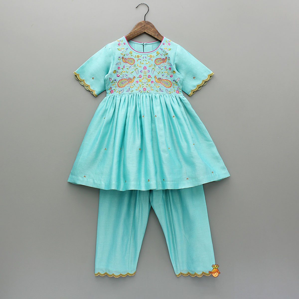 Blue Embroidered Kurti With Salwar And Dupatta