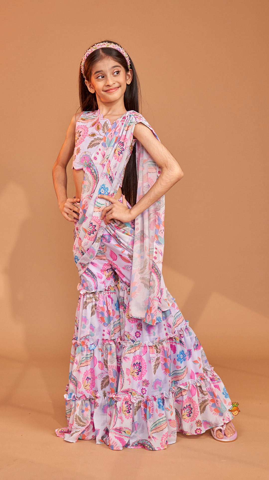 Gorgeous Multicolour Printed One Shoulder Scalloped Top With Flared Sharara And Drape Attached Dupatta