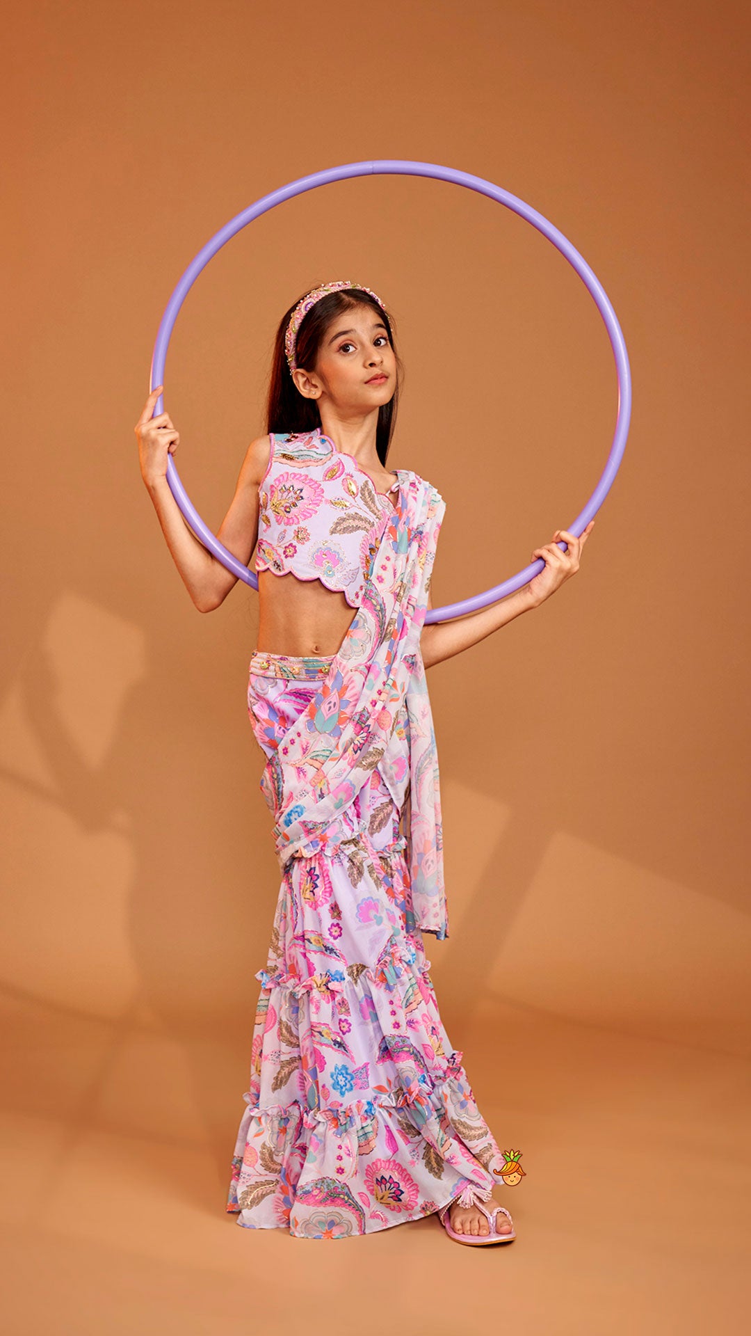 Gorgeous Multicolour Printed One Shoulder Scalloped Top With Flared Sharara And Drape Attached Dupatta