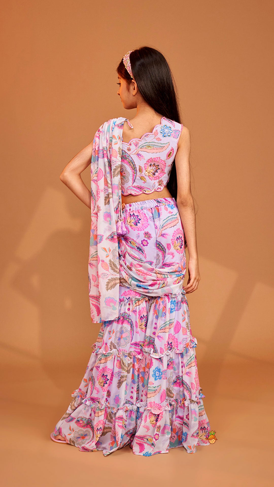 Gorgeous Multicolour Printed One Shoulder Scalloped Top With Flared Sharara And Drape Attached Dupatta