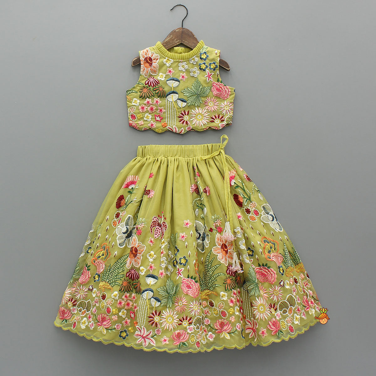 Scalloped Hem Thread Embroidered Top And Lehenga