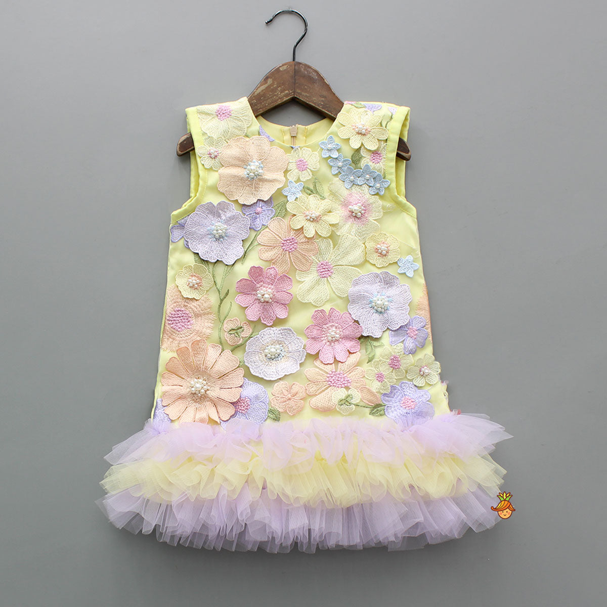 Gorgeous Yellow 3D Floral Applique Embellished Dress With Sling Bag
