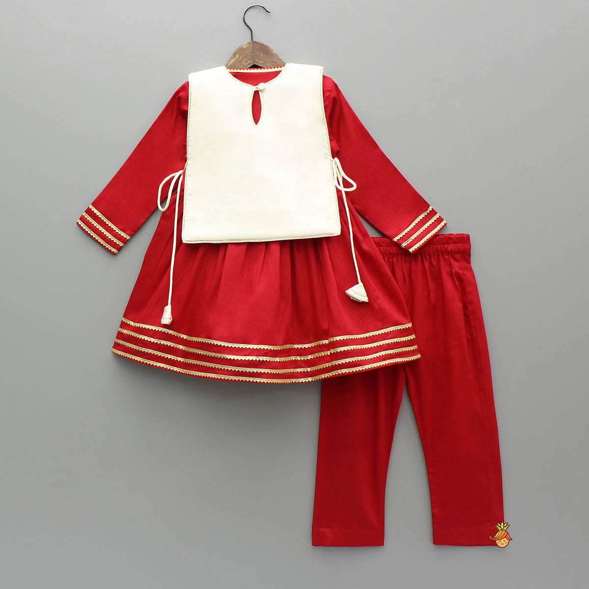 Red Angarkha With Side Tie Up Vest And Pant And Stylish Headband