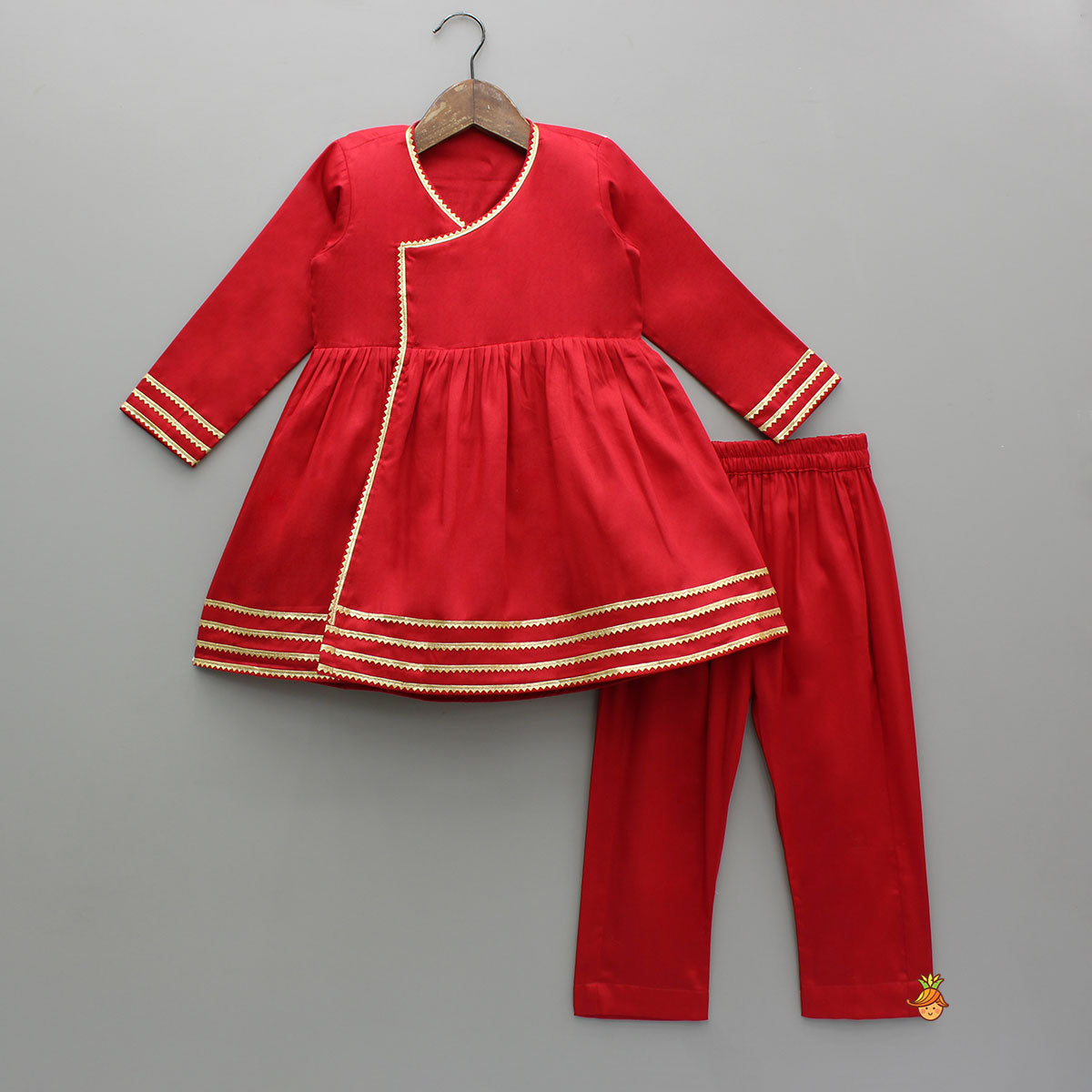 Red Angarkha With Side Tie Up Vest And Pant And Stylish Headband