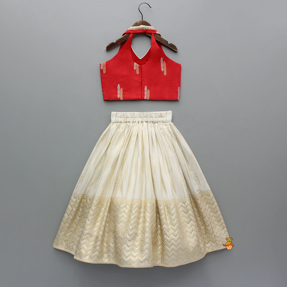Red Halter Neck Top With Ivory Shade Lehenga And Dupatta