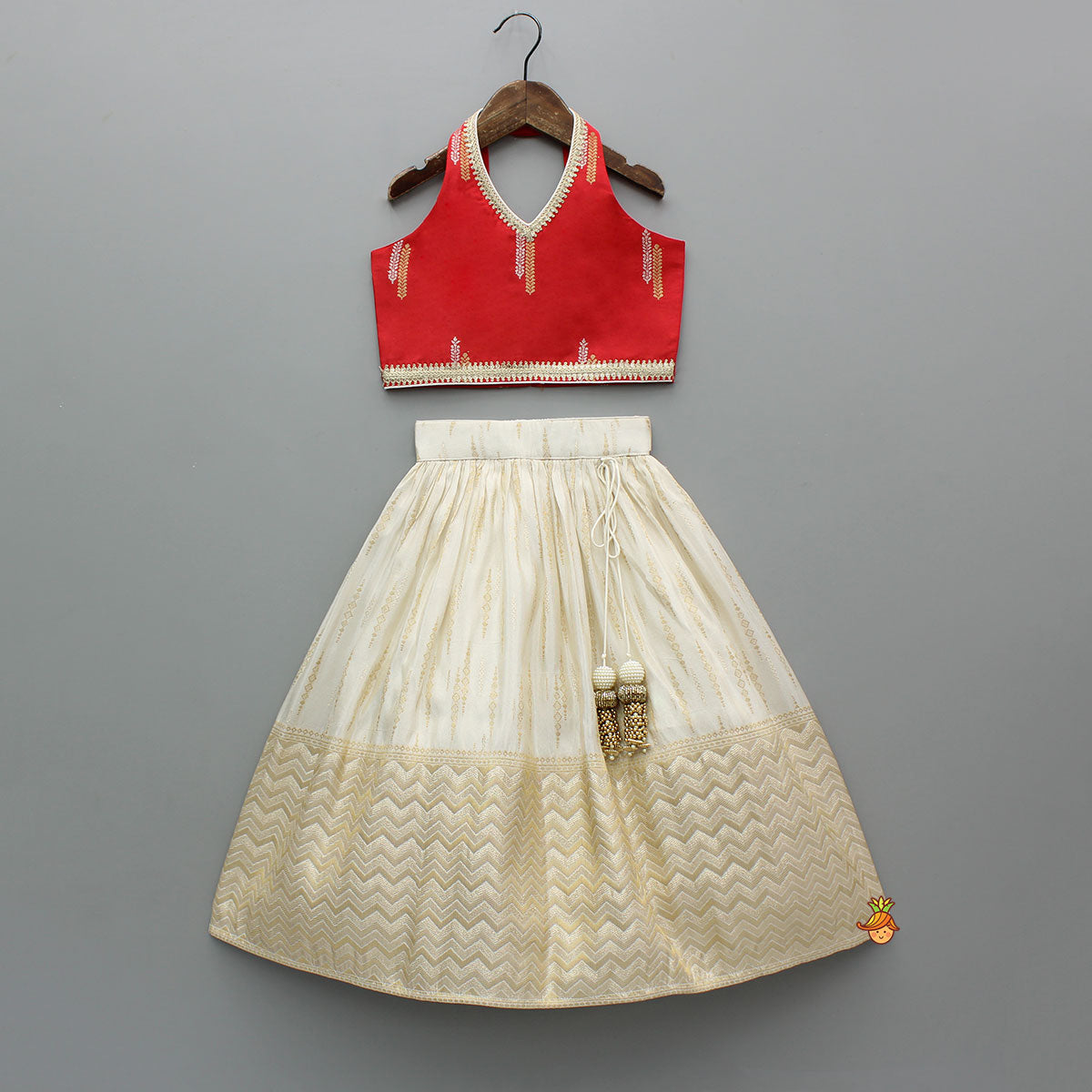 Red Halter Neck Top With Ivory Shade Lehenga And Dupatta