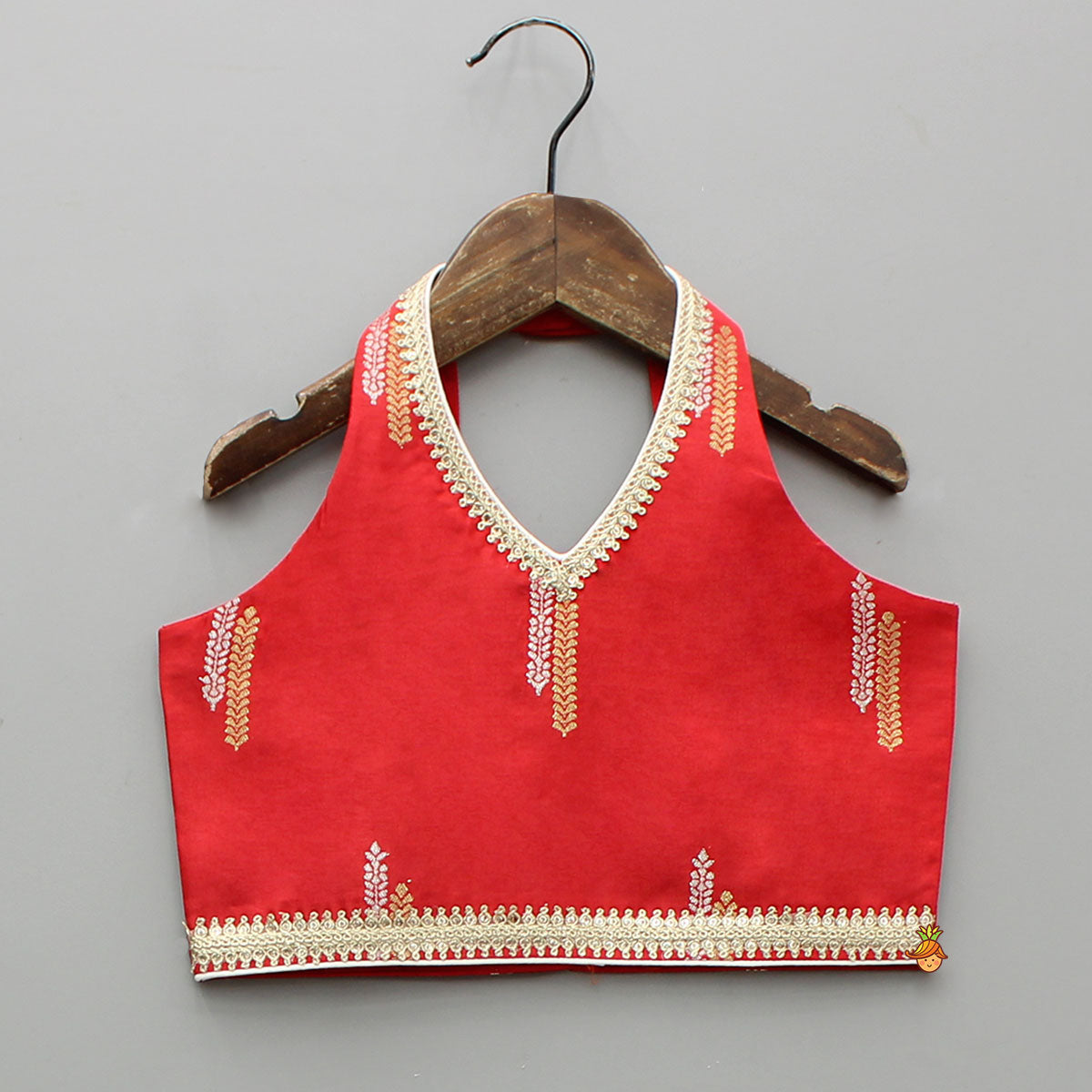 Red Halter Neck Top With Ivory Shade Lehenga And Dupatta