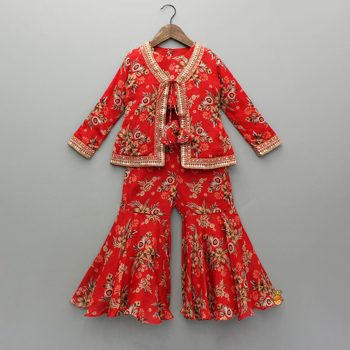 Beautiful Red Floral Printed Top With Tie-Up Jacket And Sharara