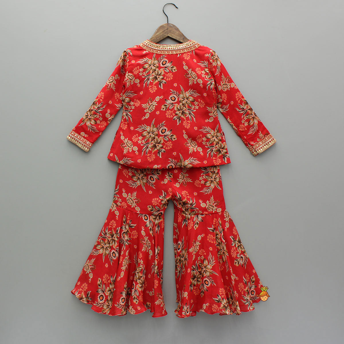 Beautiful Red Floral Printed Top With Tie-Up Jacket And Sharara