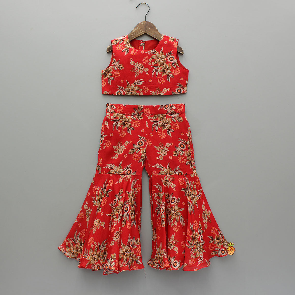 Beautiful Red Floral Printed Top With Tie-Up Jacket And Sharara