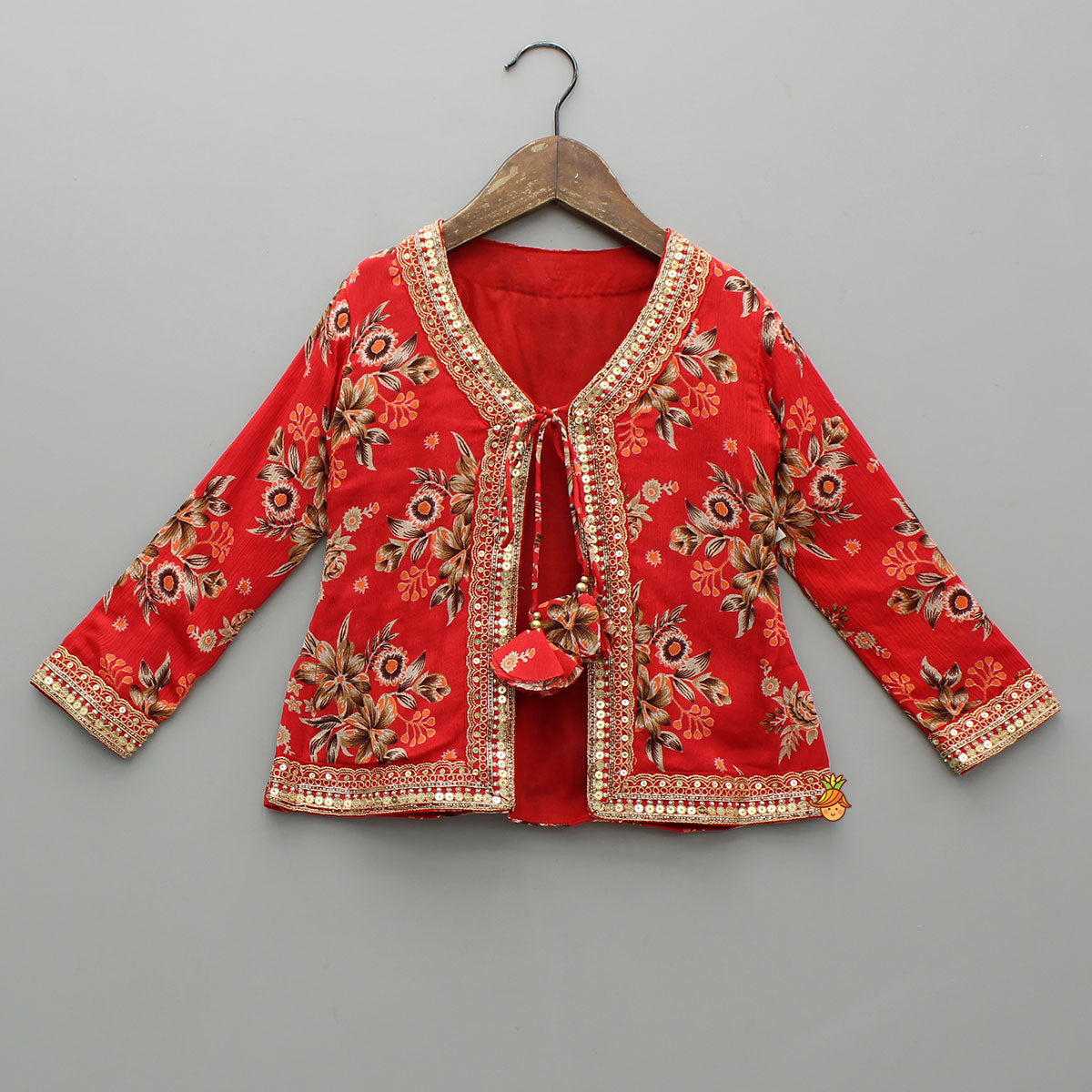 Beautiful Red Floral Printed Top With Tie-Up Jacket And Sharara