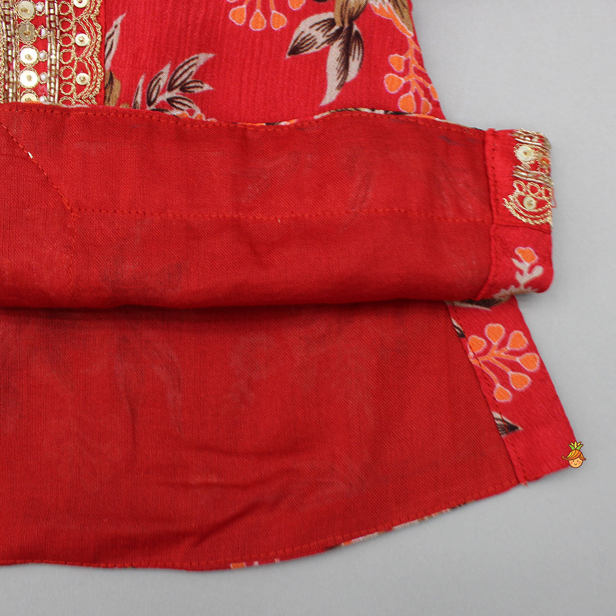 Beautiful Red Floral Printed Top With Tie-Up Jacket And Sharara