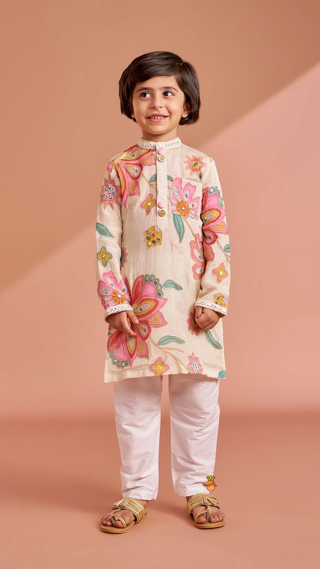 Off White Stylish Floral Kurta With White Pyjama