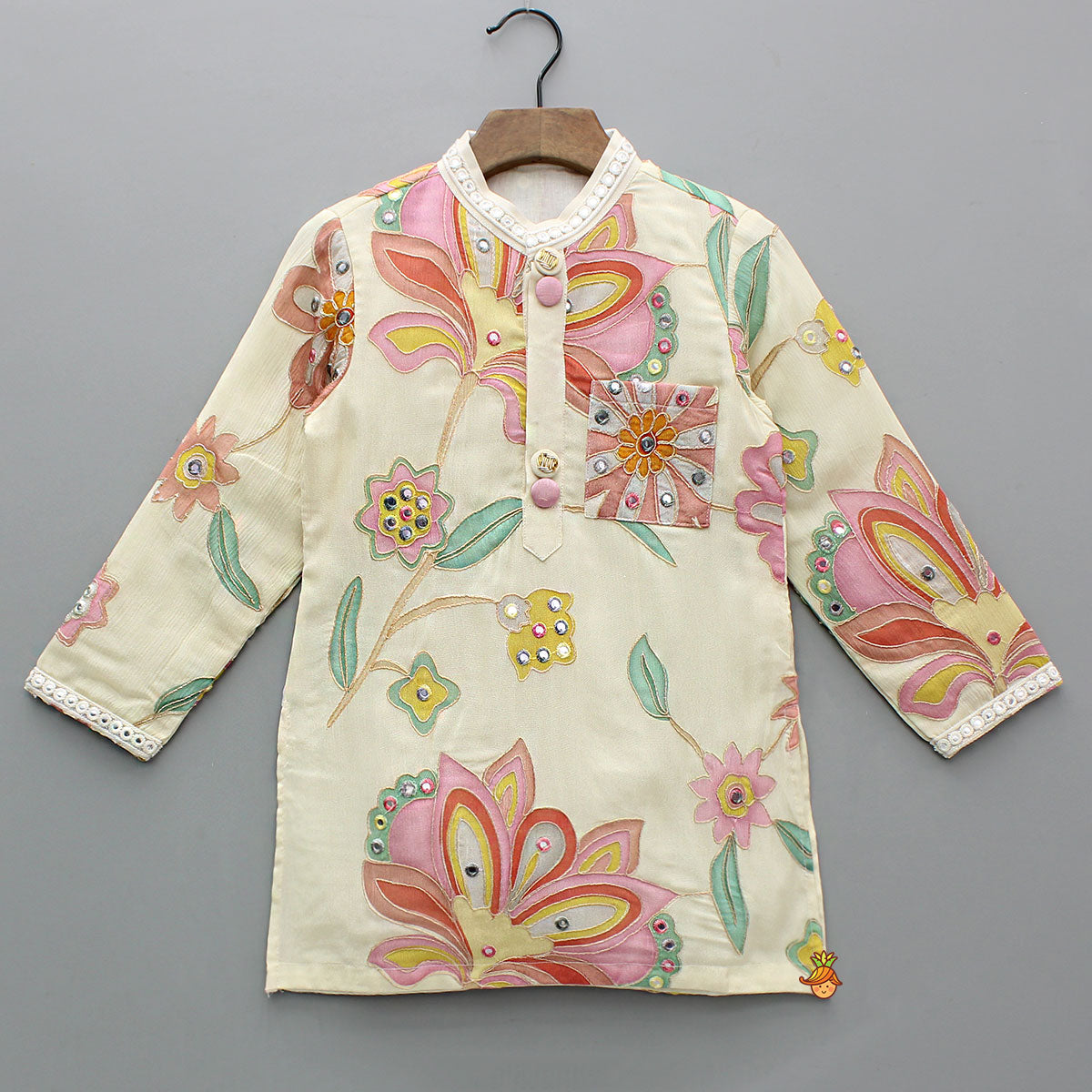 Off White Stylish Floral Kurta With White Pyjama