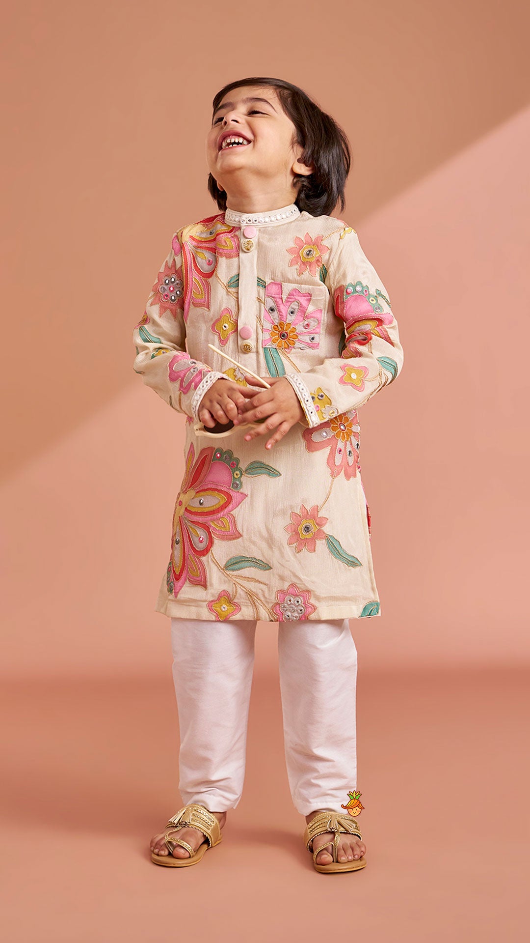 Off White Stylish Floral Kurta With White Pyjama
