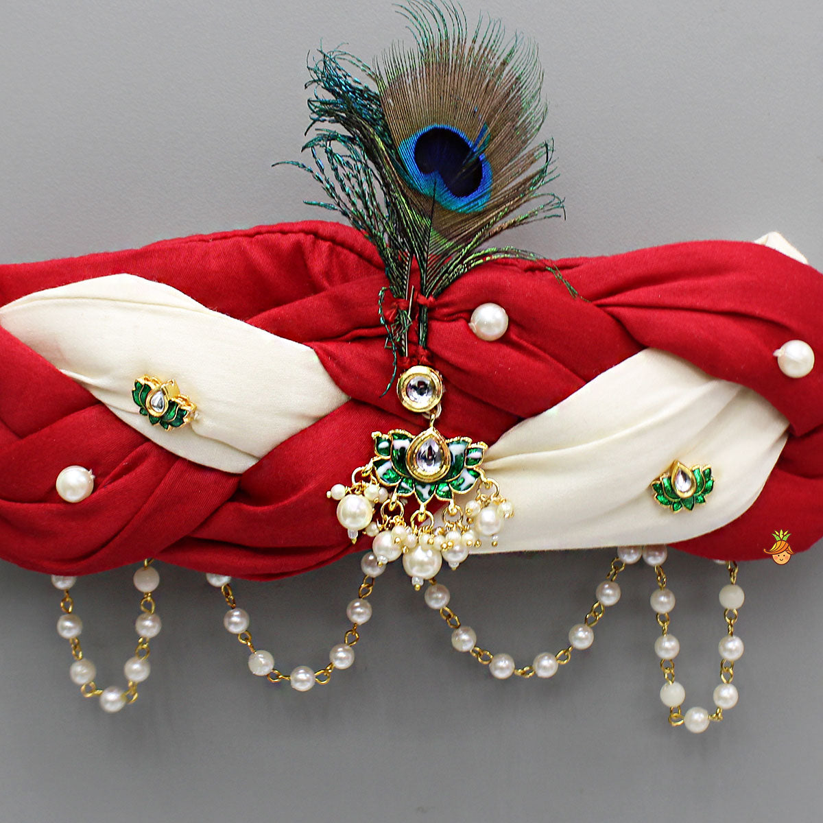 Red And White Braided Head Band With Mor Pankh