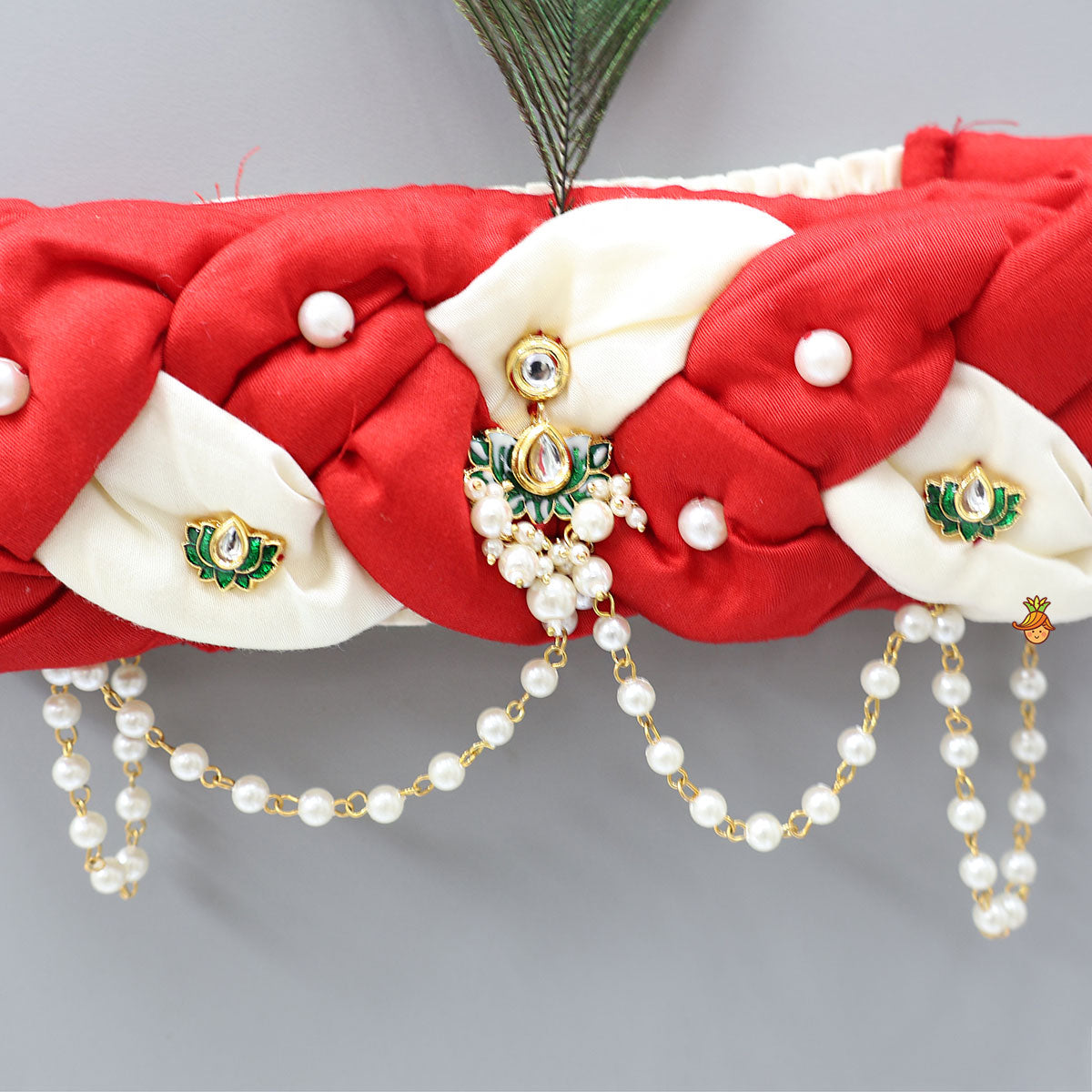 Red And White Braided Head Band With Mor Pankh
