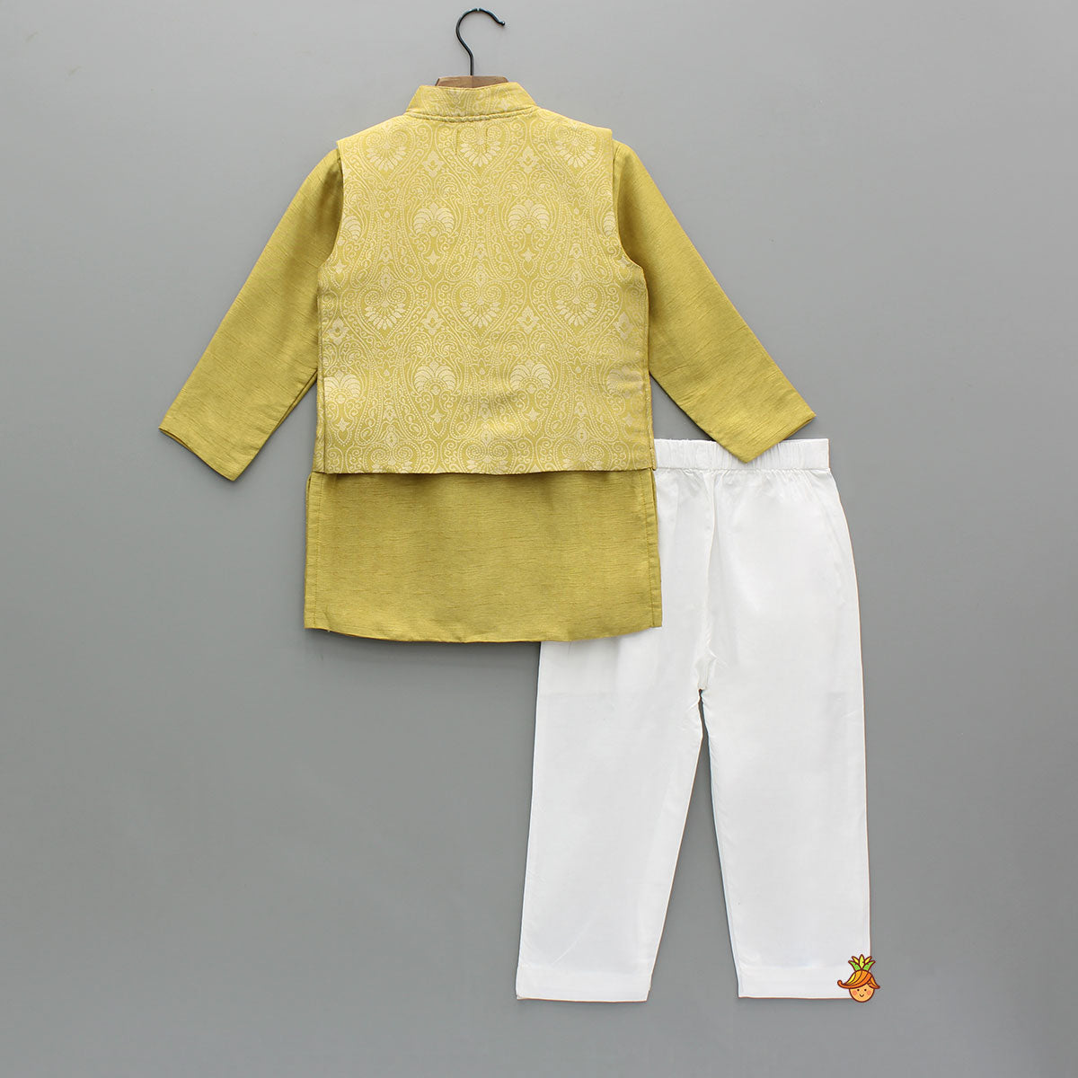 Yellow Kurta With Brocade Jacket And White Pyjama