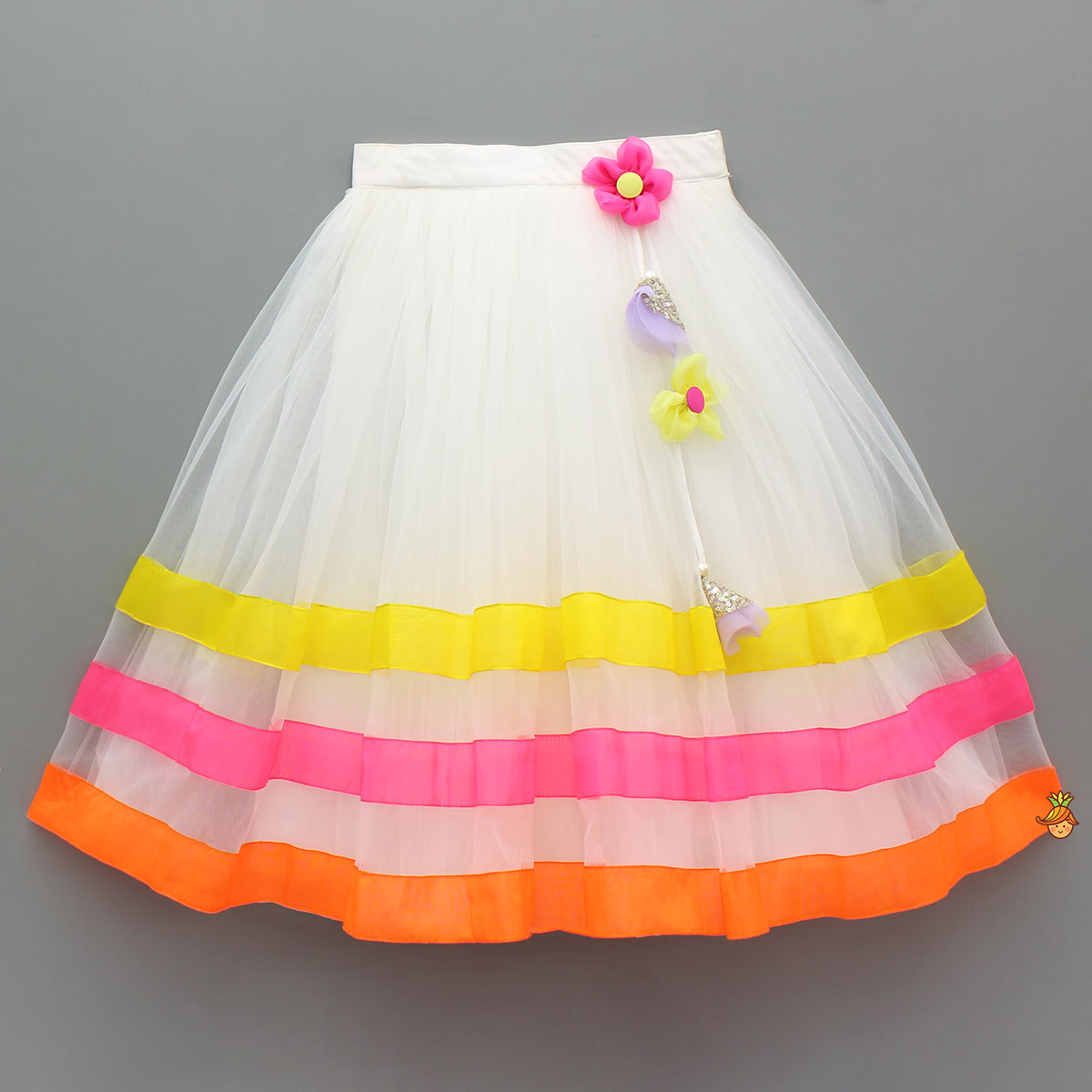 Spaghetti Straps Top And Fabric Flower Tassels Enhanced Lehenga With Dual Tone Stylish Dupatta