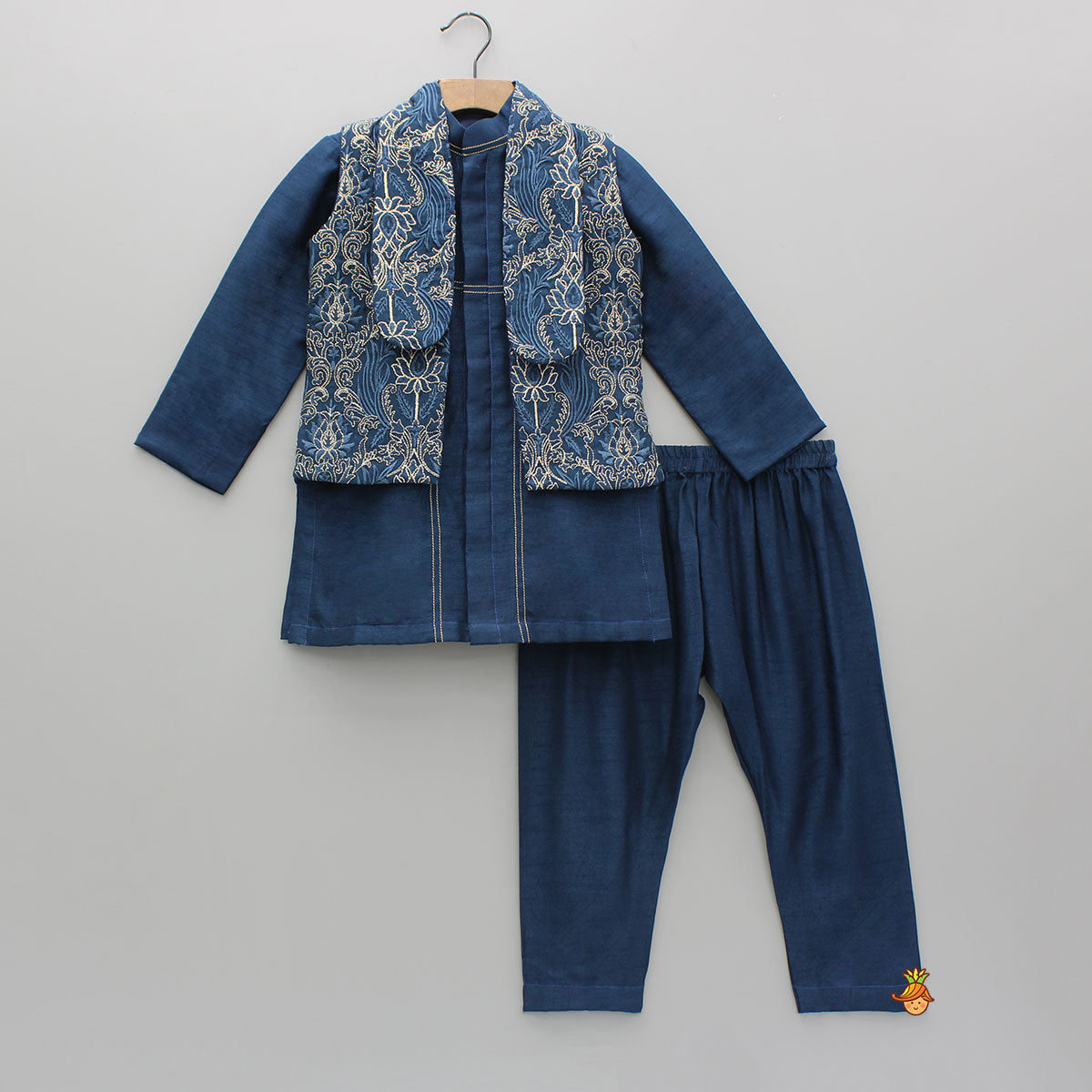 Stylish Blue Kurta With Embroidered Front Open Jacket And Pyjama