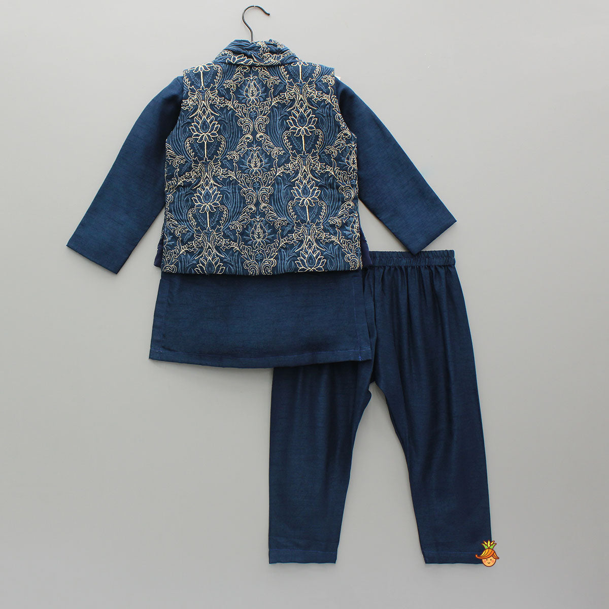 Stylish Blue Kurta With Embroidered Front Open Jacket And Pyjama