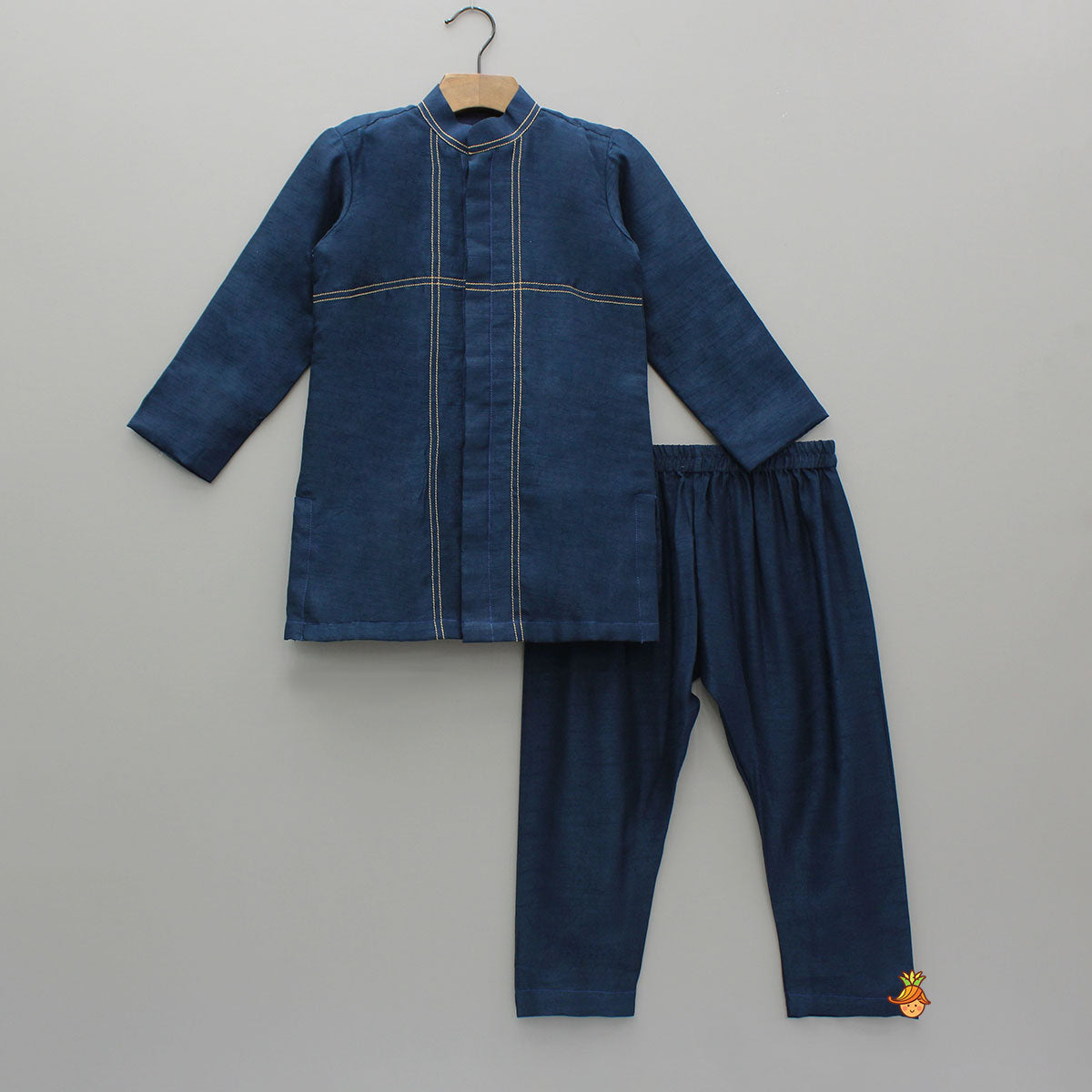 Stylish Blue Kurta With Embroidered Front Open Jacket And Pyjama