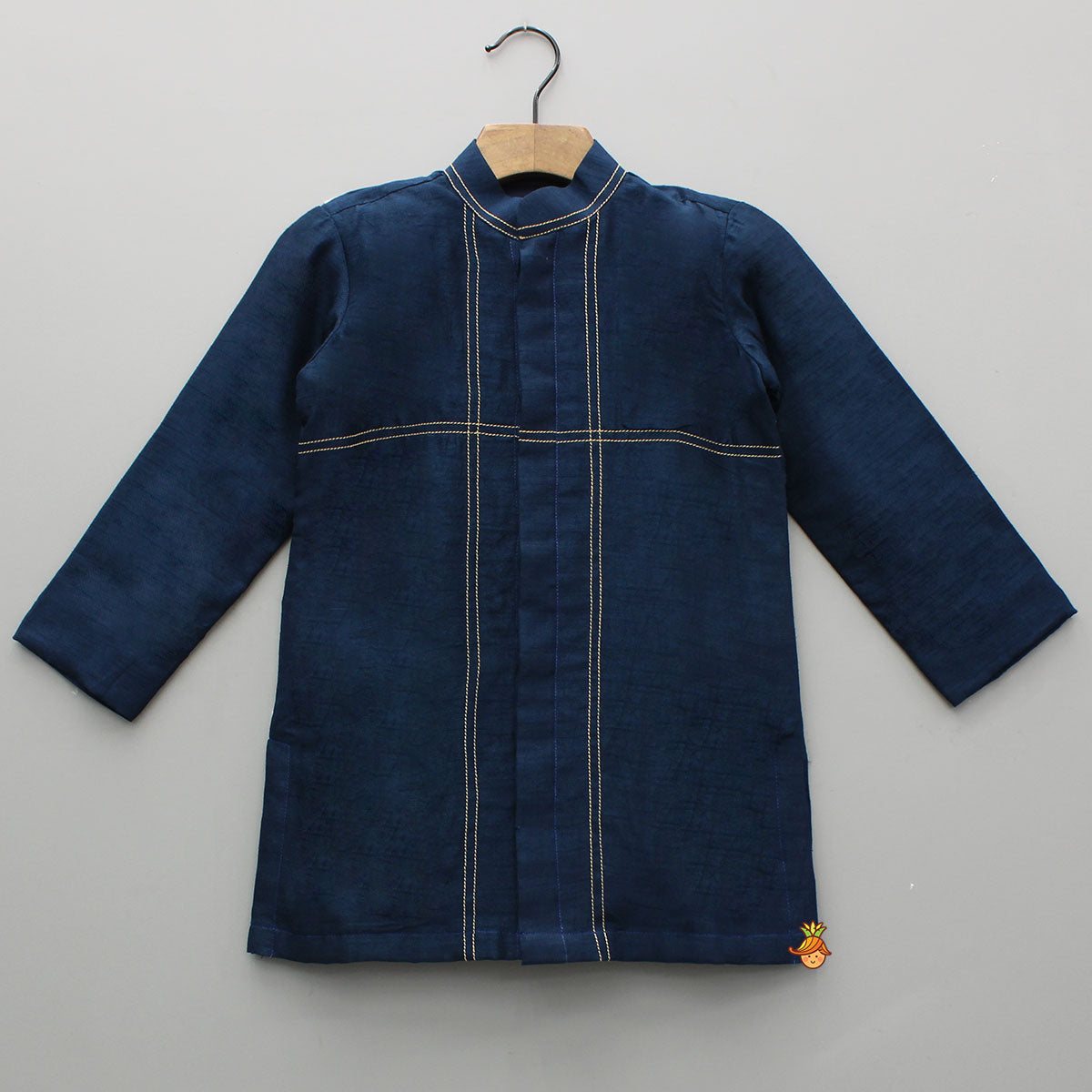 Stylish Blue Kurta With Embroidered Front Open Jacket And Pyjama