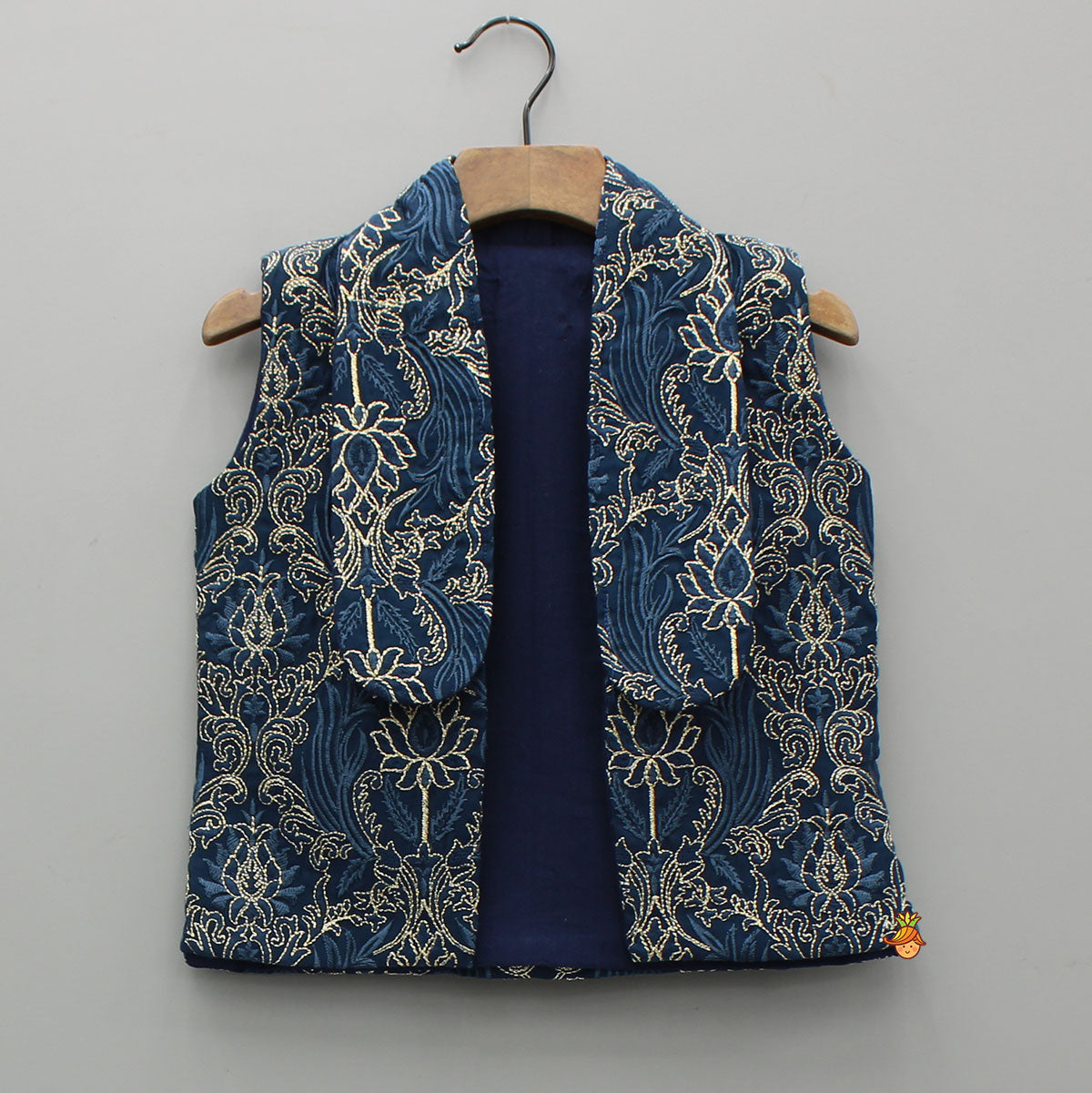 Stylish Blue Kurta With Embroidered Front Open Jacket And Pyjama
