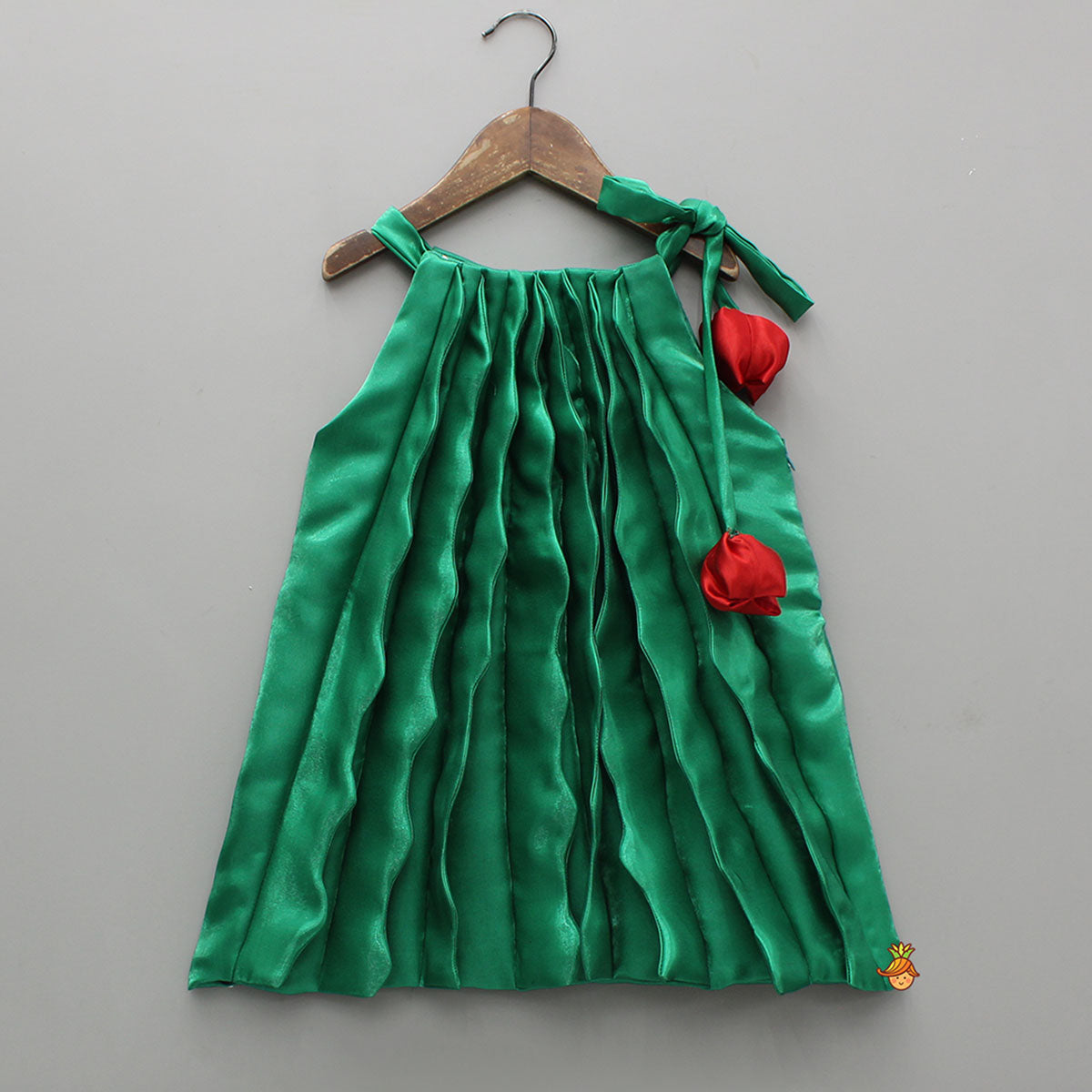 Sheen Green Satin Pleated Dress With Red Floral Tie-Up Detail for 6 - 12 Months - Dresses - By Little Muffet Sheen Green Satin Pleated Dress With Red Floral Tie-Up Detail for 6 - 12 Months - Dresses - By Little Muffet