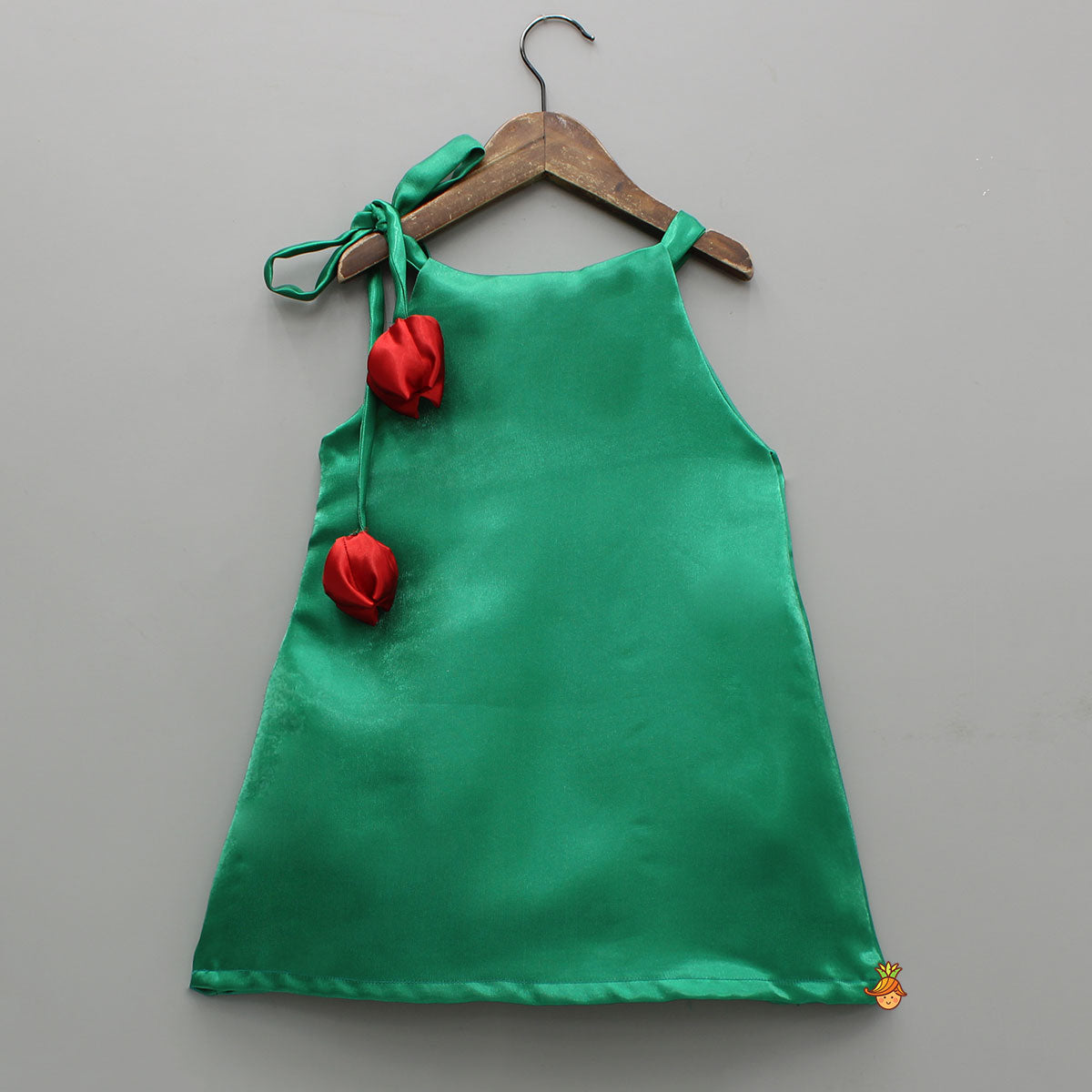 Sheen Green Satin Pleated Dress With Red Floral Tie-Up Detail