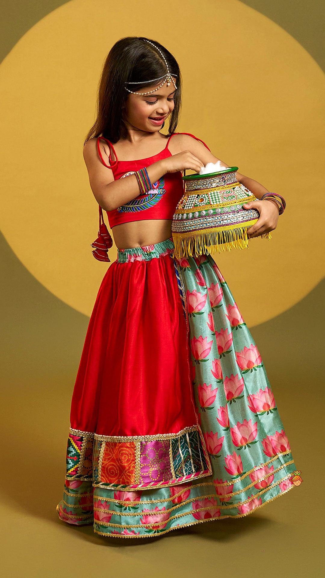 Red Embroidered Strappy Top With Lehenga And Dupatta