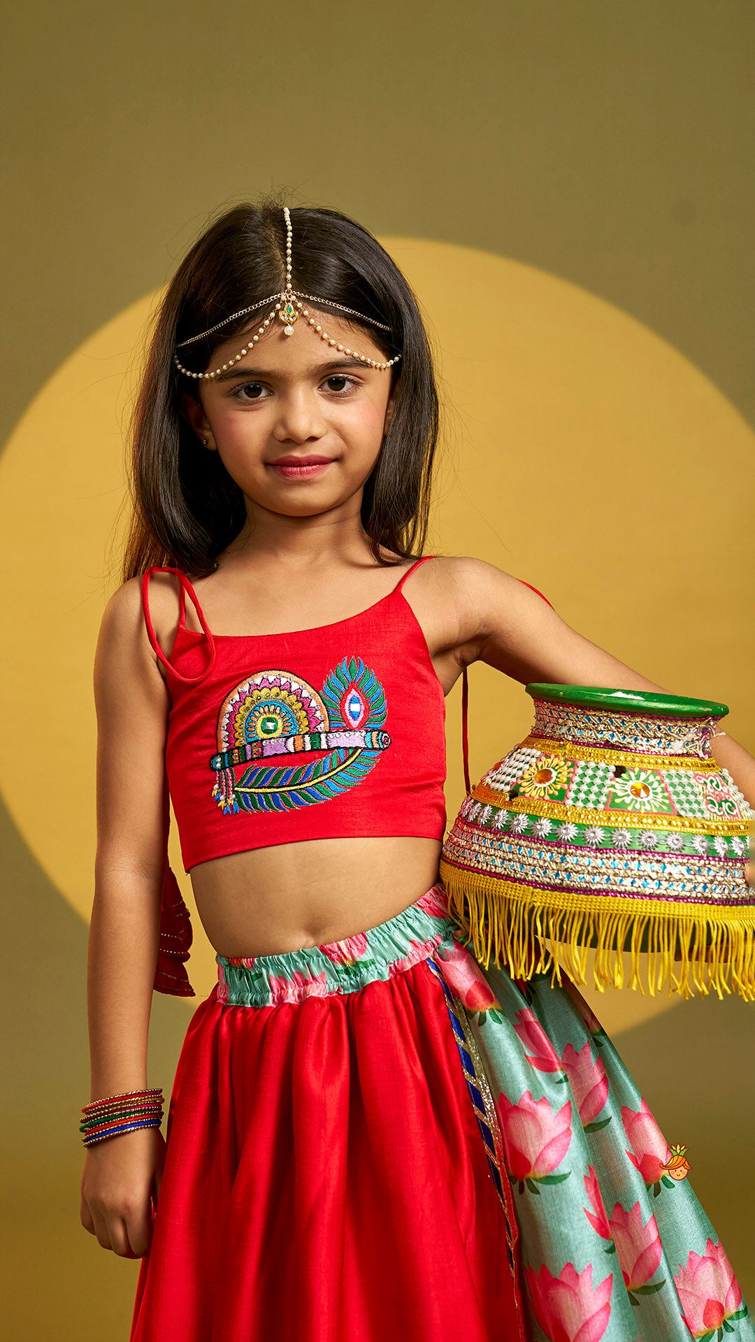 Red Embroidered Strappy Top With Lehenga And Dupatta