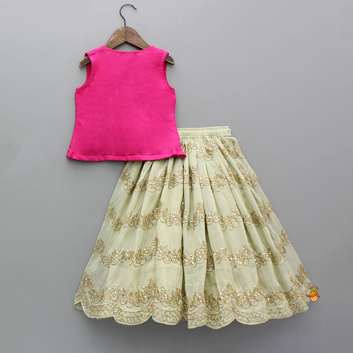 Exquisite Waistcoat Style Embroidered Top With Shimmery Lehenga And Shimmery Dupatta