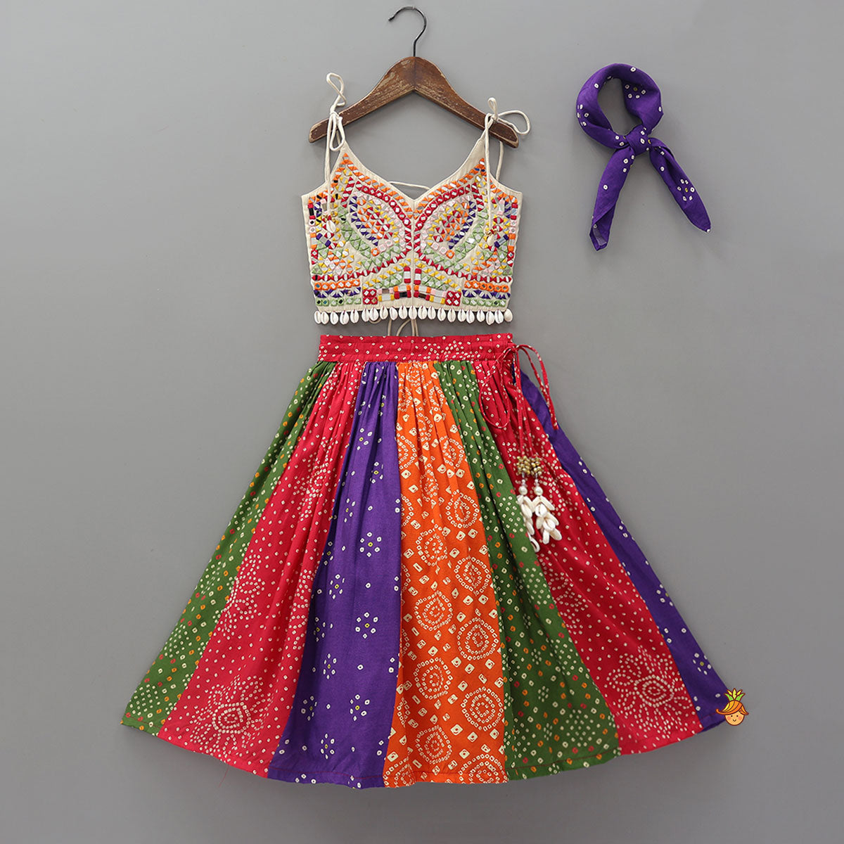 Beautiful Mirror Hand Embroidered Tie-up Top With Multicolour Bandhani Printed Lehenga And Bandana