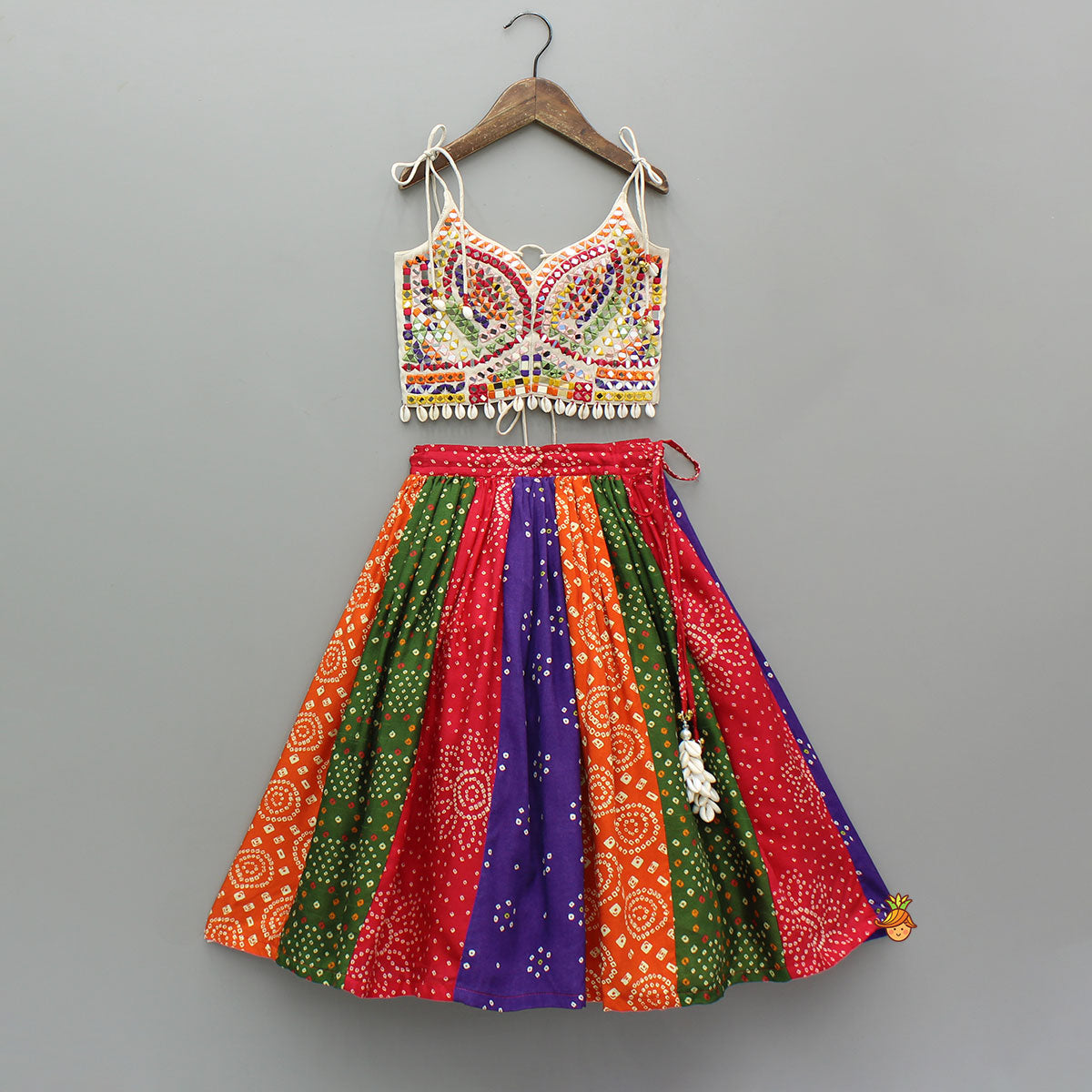 Beautiful Mirror Hand Embroidered Tie-up Top With Multicolour Bandhani Printed Lehenga And Bandana