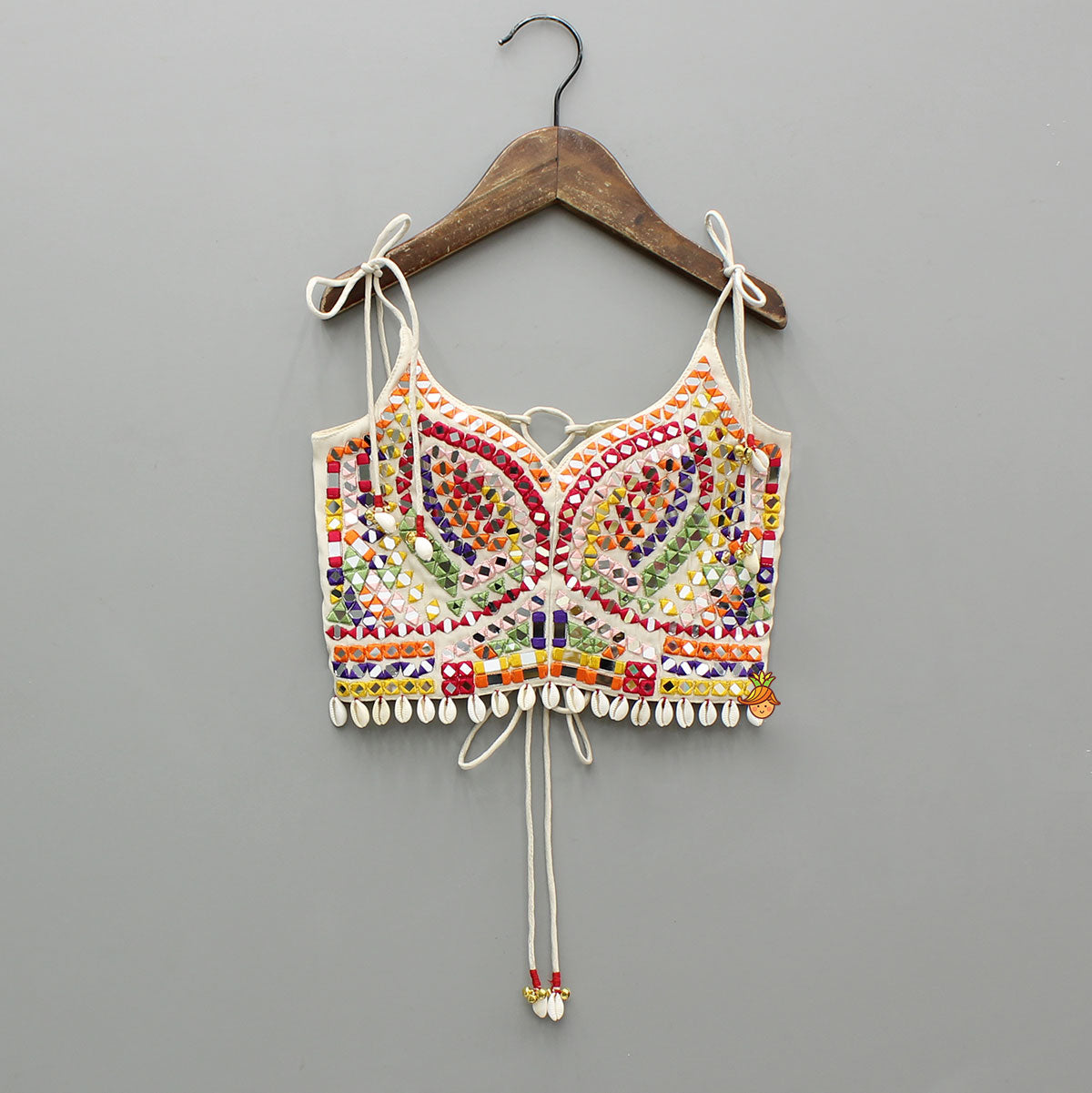 Beautiful Mirror Hand Embroidered Tie-up Top With Multicolour Bandhani Printed Lehenga And Bandana