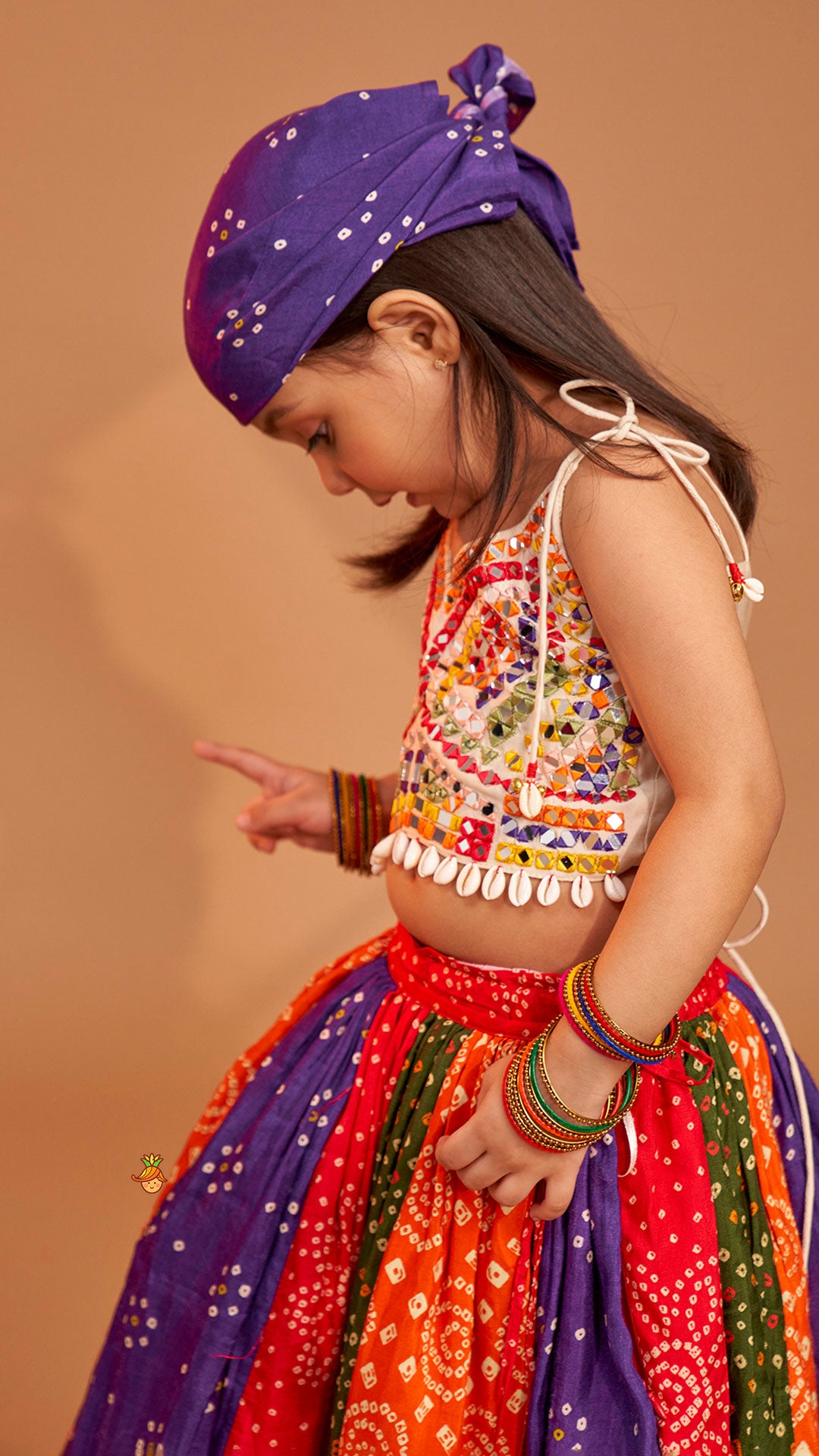 Beautiful Mirror Hand Embroidered Tie-up Top With Multicolour Bandhani Printed Lehenga And Bandana