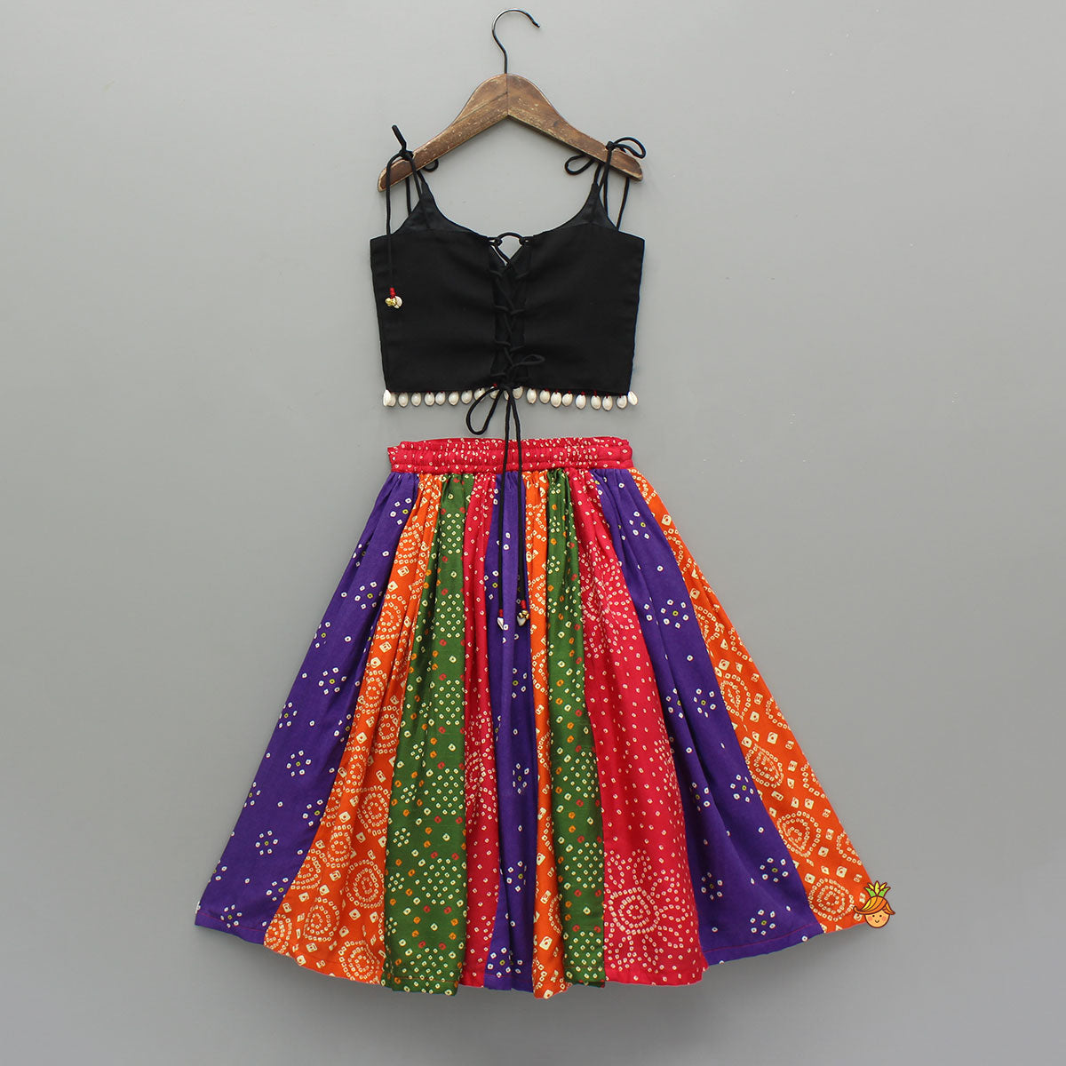 Beautiful Mirror Hand Embroidered Black Tie-up Top With Multicolour Bandhani Printed Lehenga And Bandana