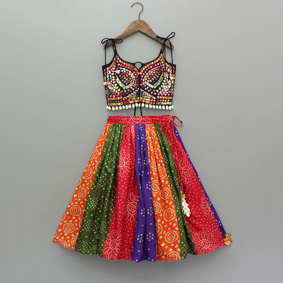 Beautiful Mirror Hand Embroidered Black Tie-up Top With Multicolour Bandhani Printed Lehenga And Bandana