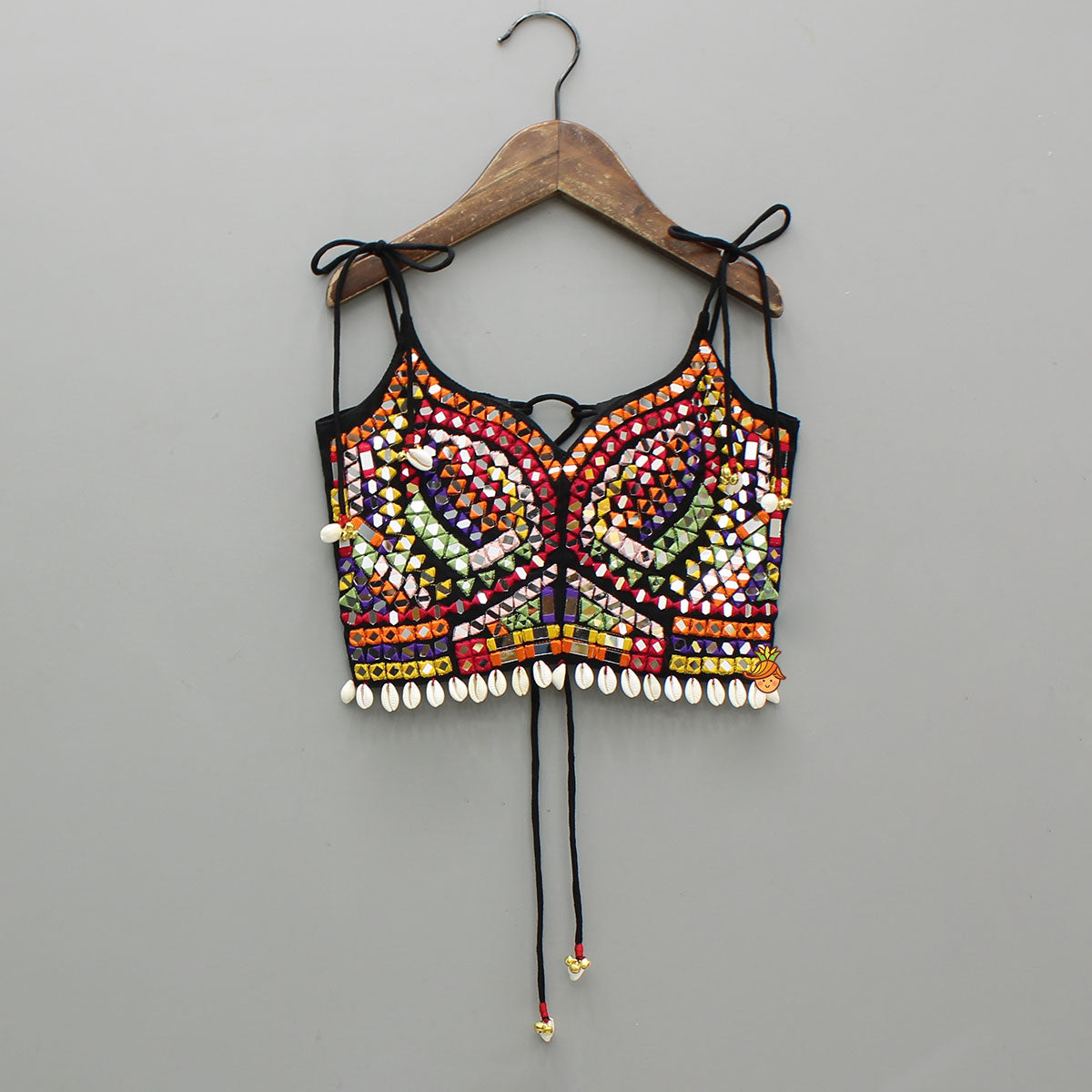 Beautiful Mirror Hand Embroidered Black Tie-up Top With Multicolour Bandhani Printed Lehenga And Bandana