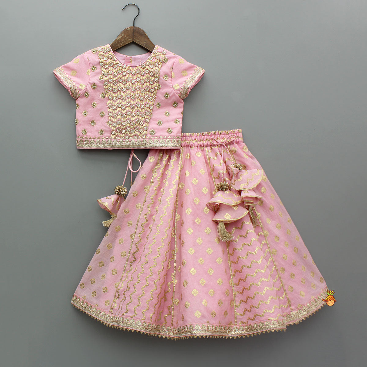 Pink Beaded Zari Work Top With Lehenga And Dupatta