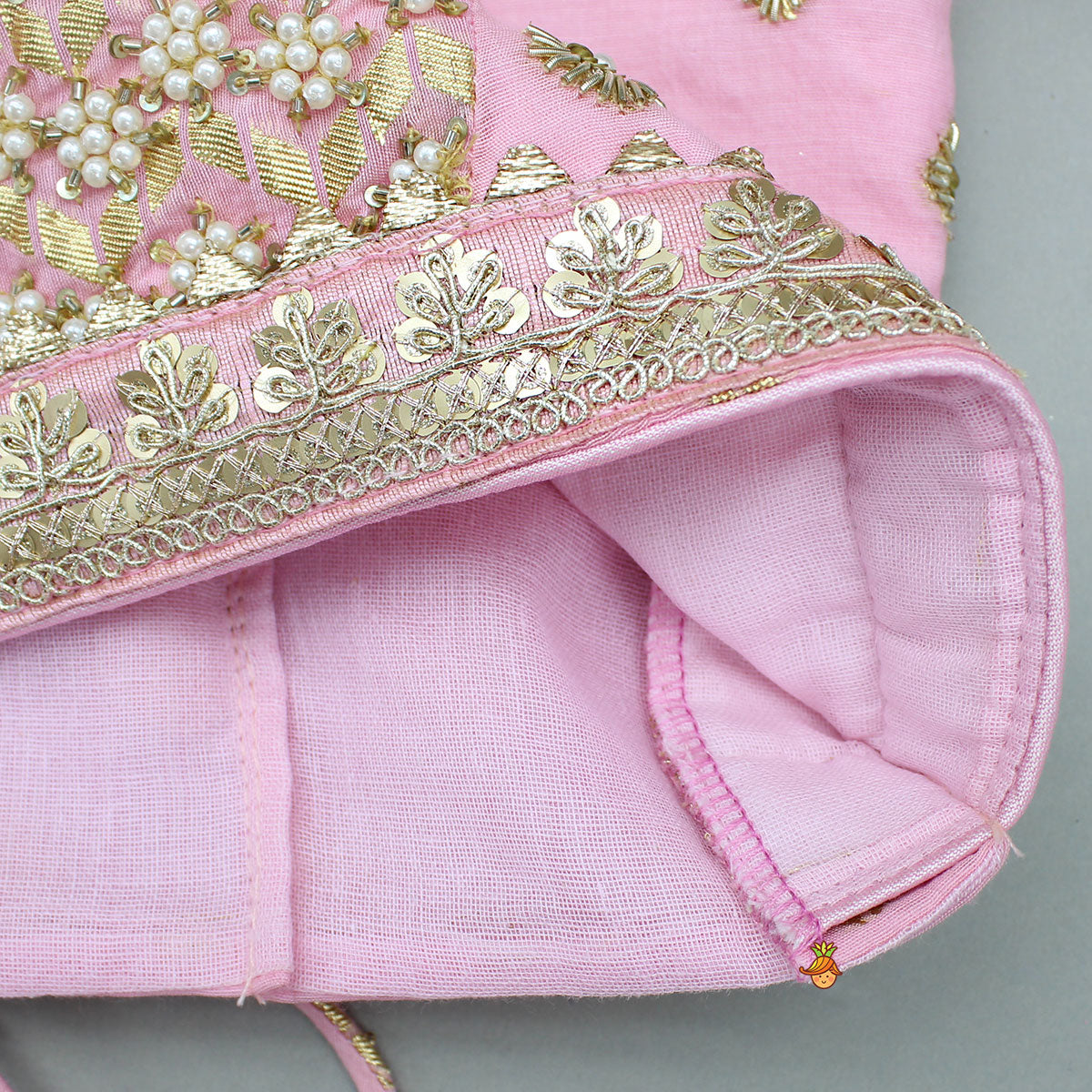 Pink Beaded Zari Work Top With Lehenga And Dupatta