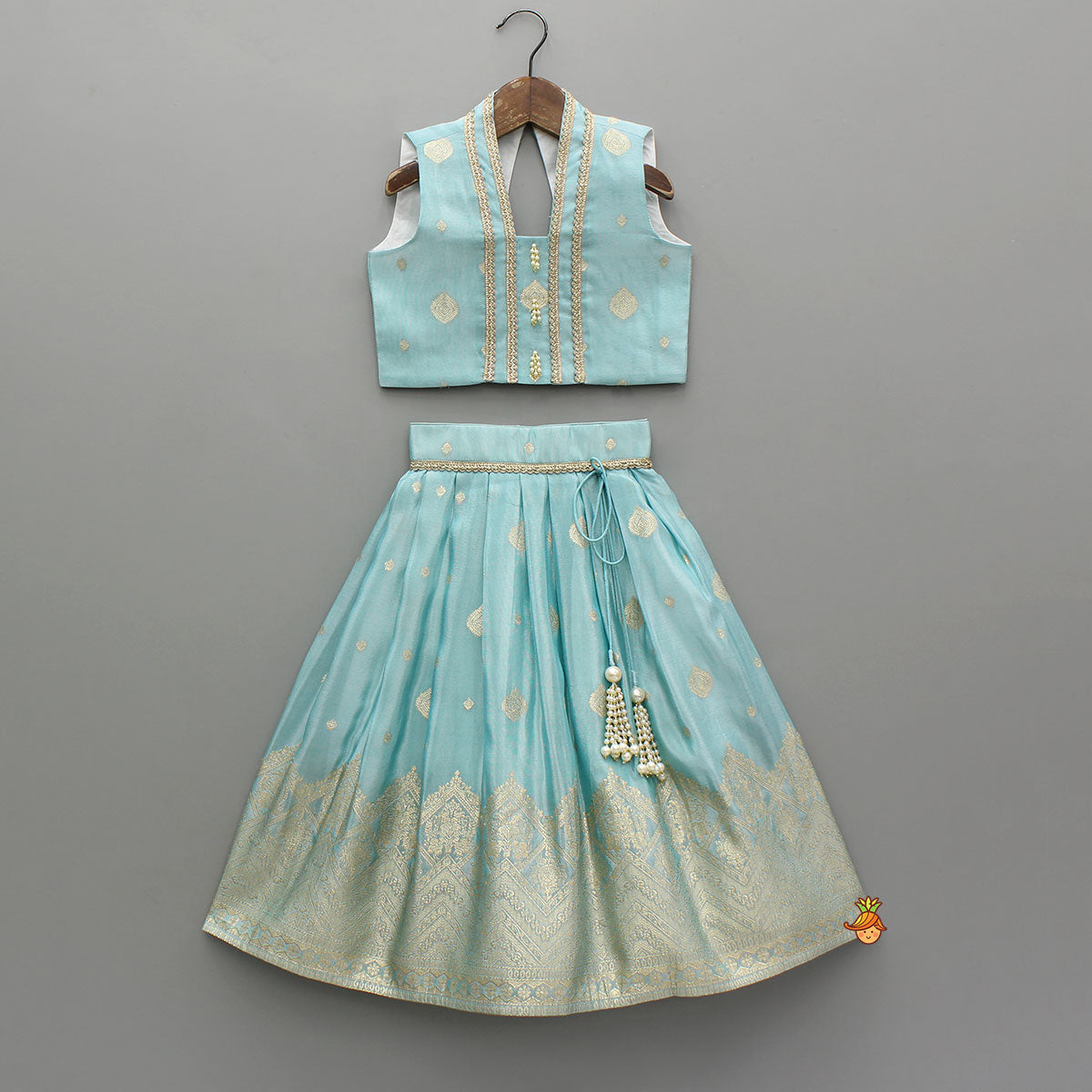 Elegant Blue Lace Detailed Sheen Top With Matching Sheen Lehenga And Dupatta
